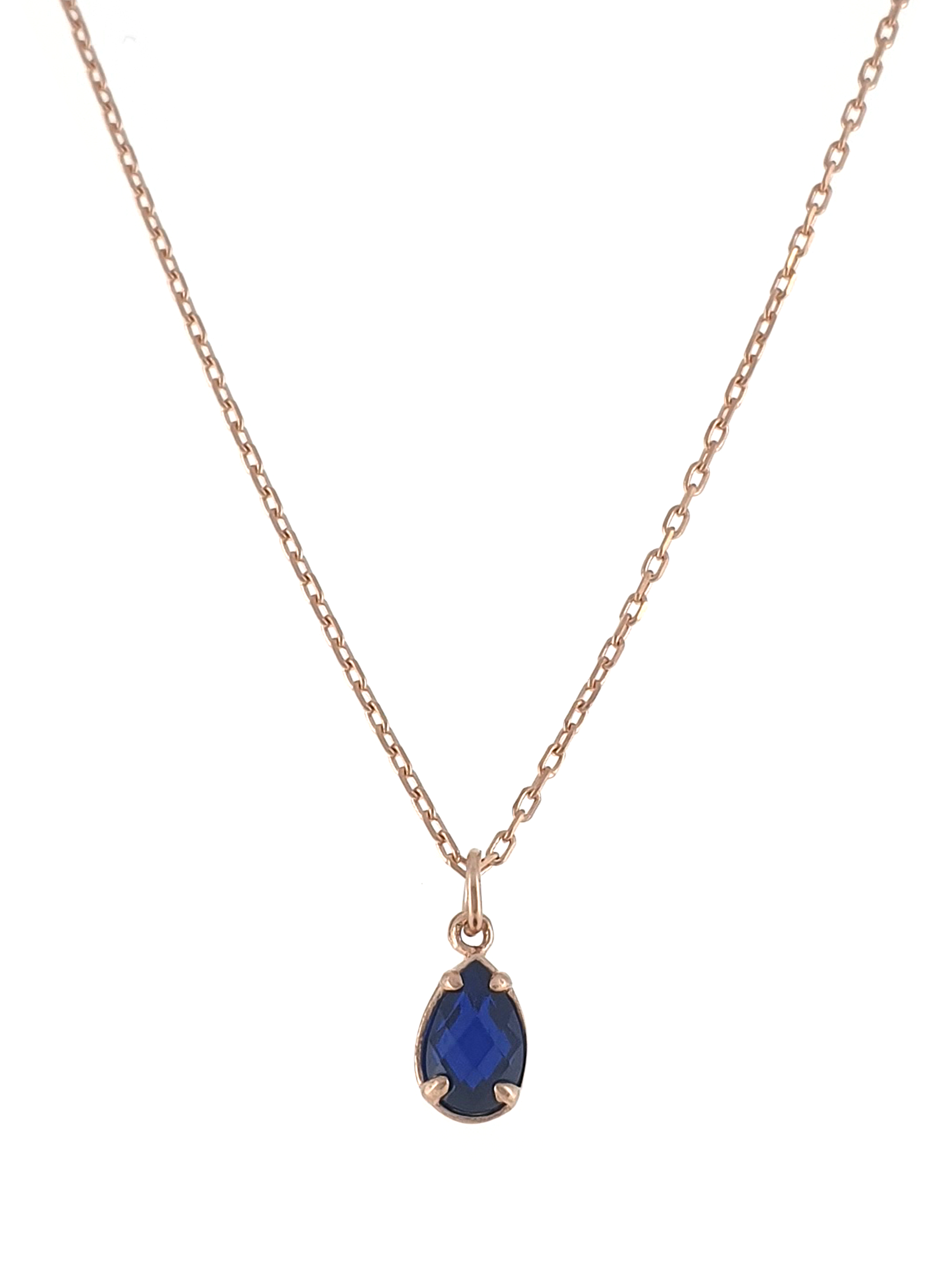 Gümüş Altın Yaldızlı Rose Renk 925 Ayar Gümüş Zirkon Lacivert Damla Tek Taş Kolye - www.xsilver.com.tr