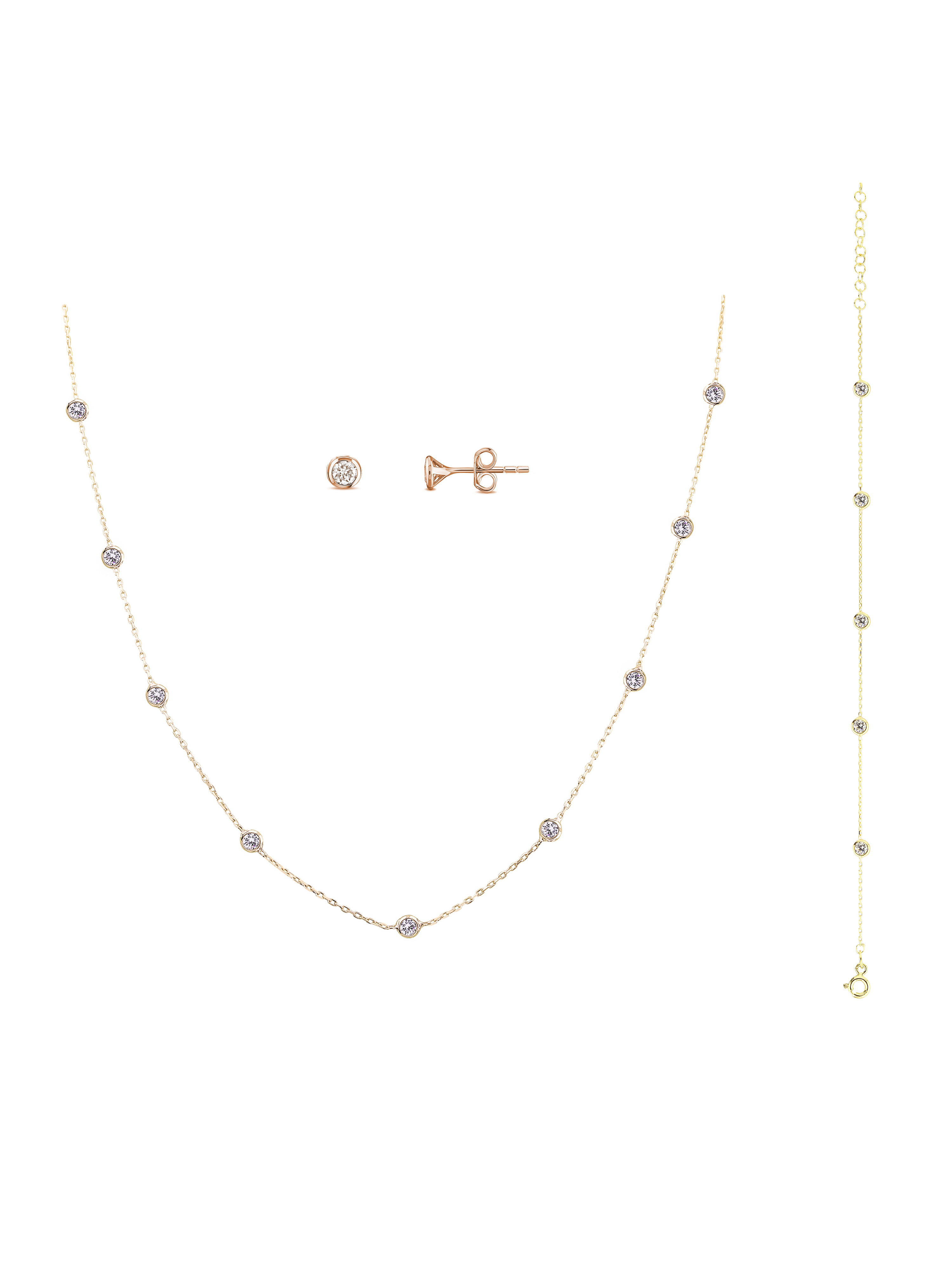 Gümüş Altın Yaldızlı Rose Renk 925 Ayar Gümüş Sıra Taşlı Bileklik Kolye Küpe Set - www.xsilver.com.tr