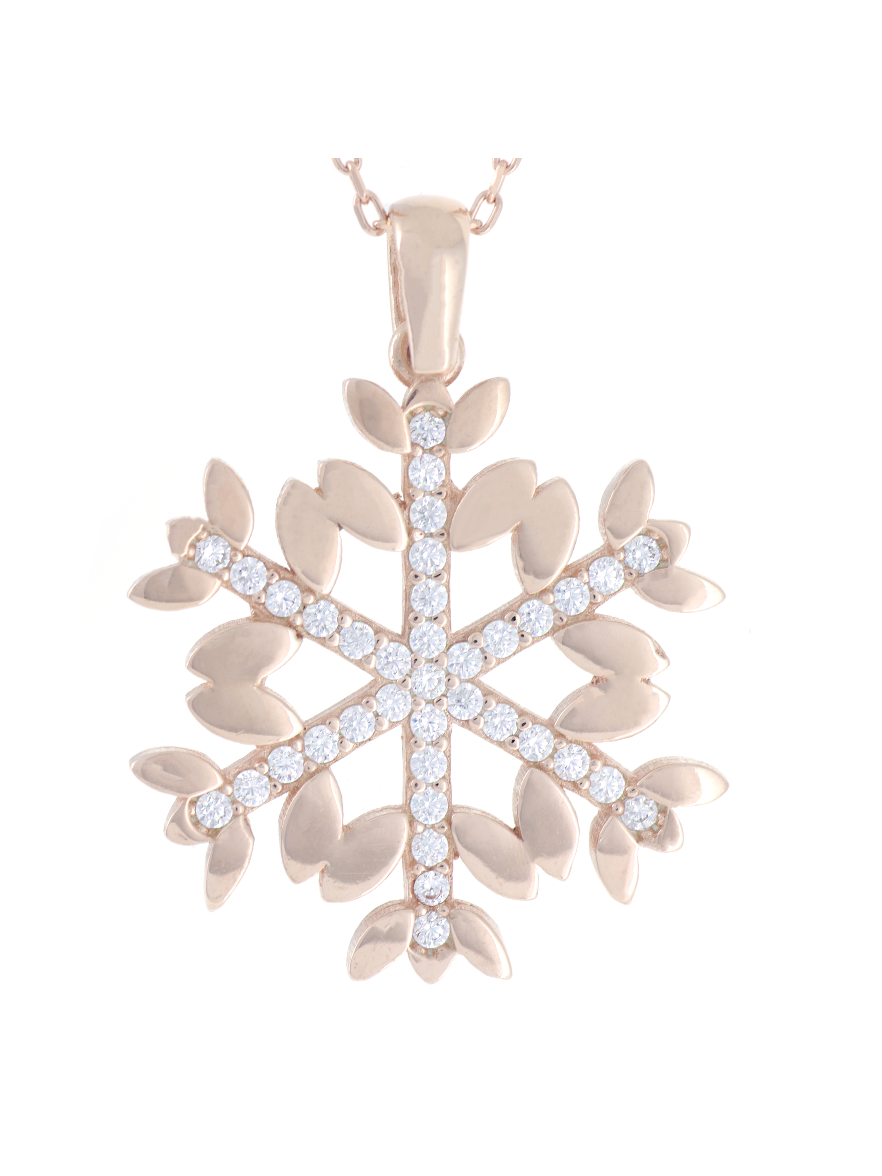 Gümüş Altın Yaldızlı Rose Renk 925 Ayar Gümüş Taşlı Kar Tanesi Kolye - www.xsilver.com.tr