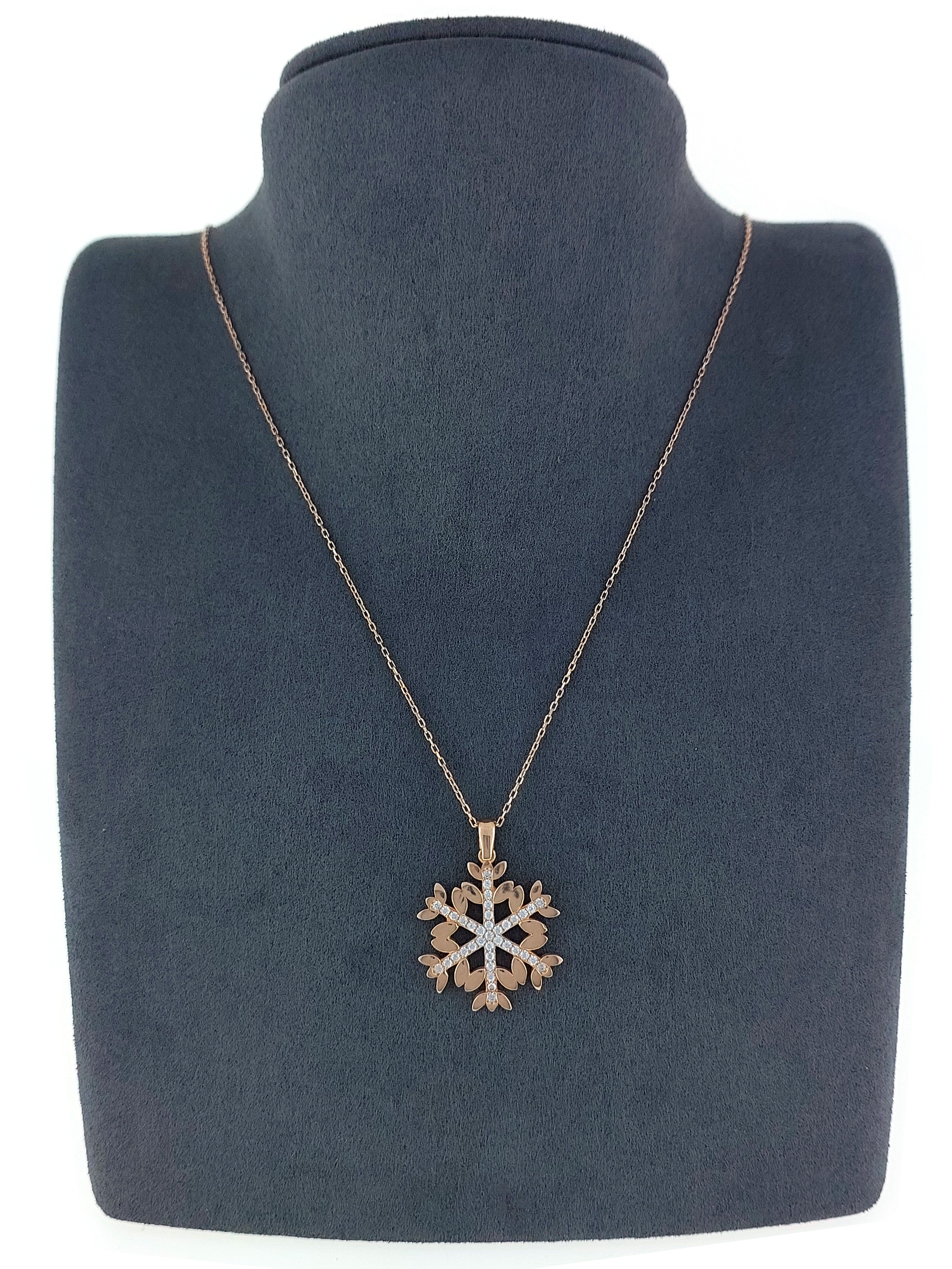 Gümüş Altın Yaldızlı Rose Renk 925 Ayar Gümüş Taşlı Kar Tanesi Kolye - www.xsilver.com.tr