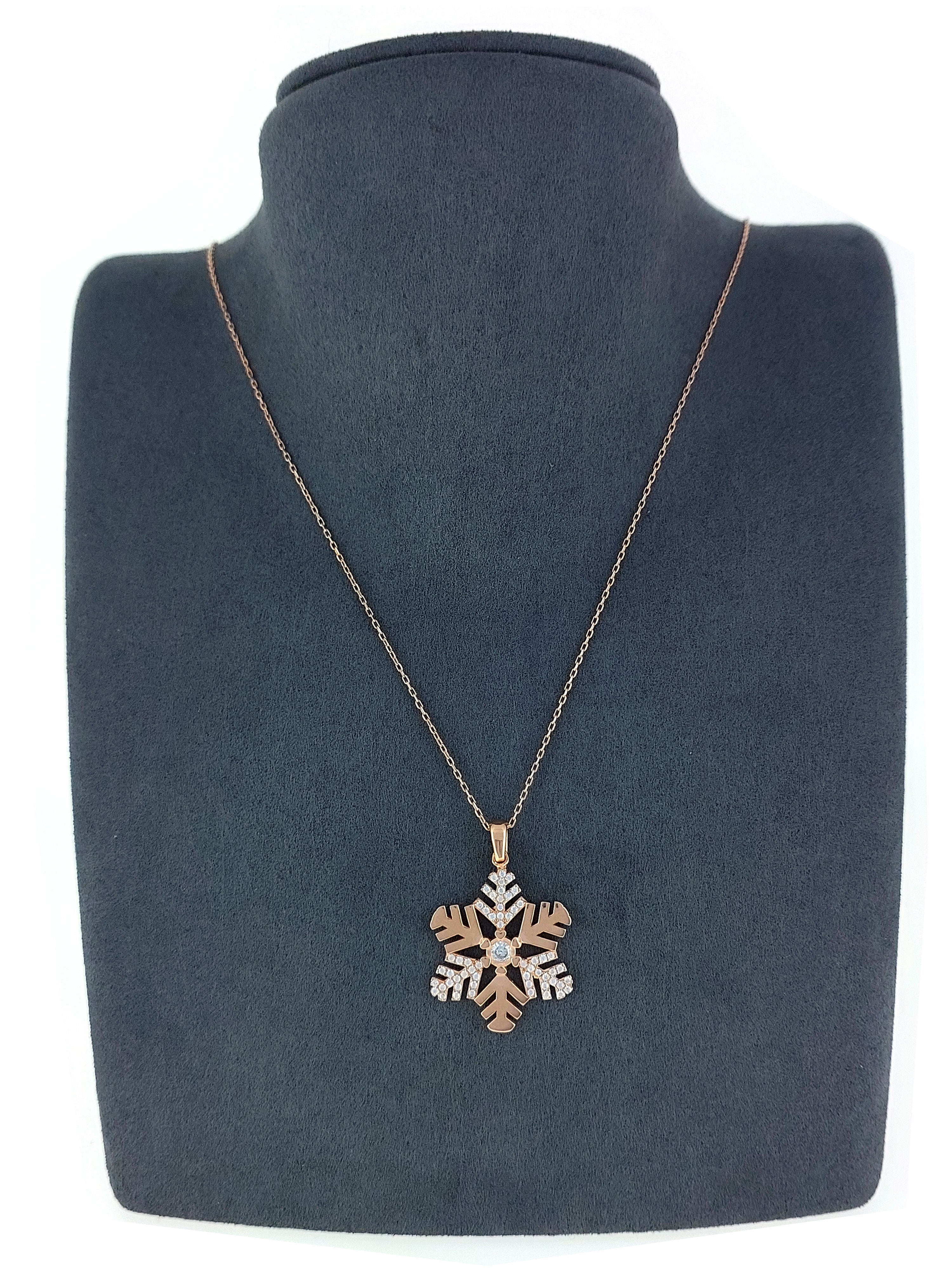 Gümüş Altın Yaldızlı Rose Renk 925 Ayar Gümüş Kar Tanesi Kolye - www.xsilver.com.tr