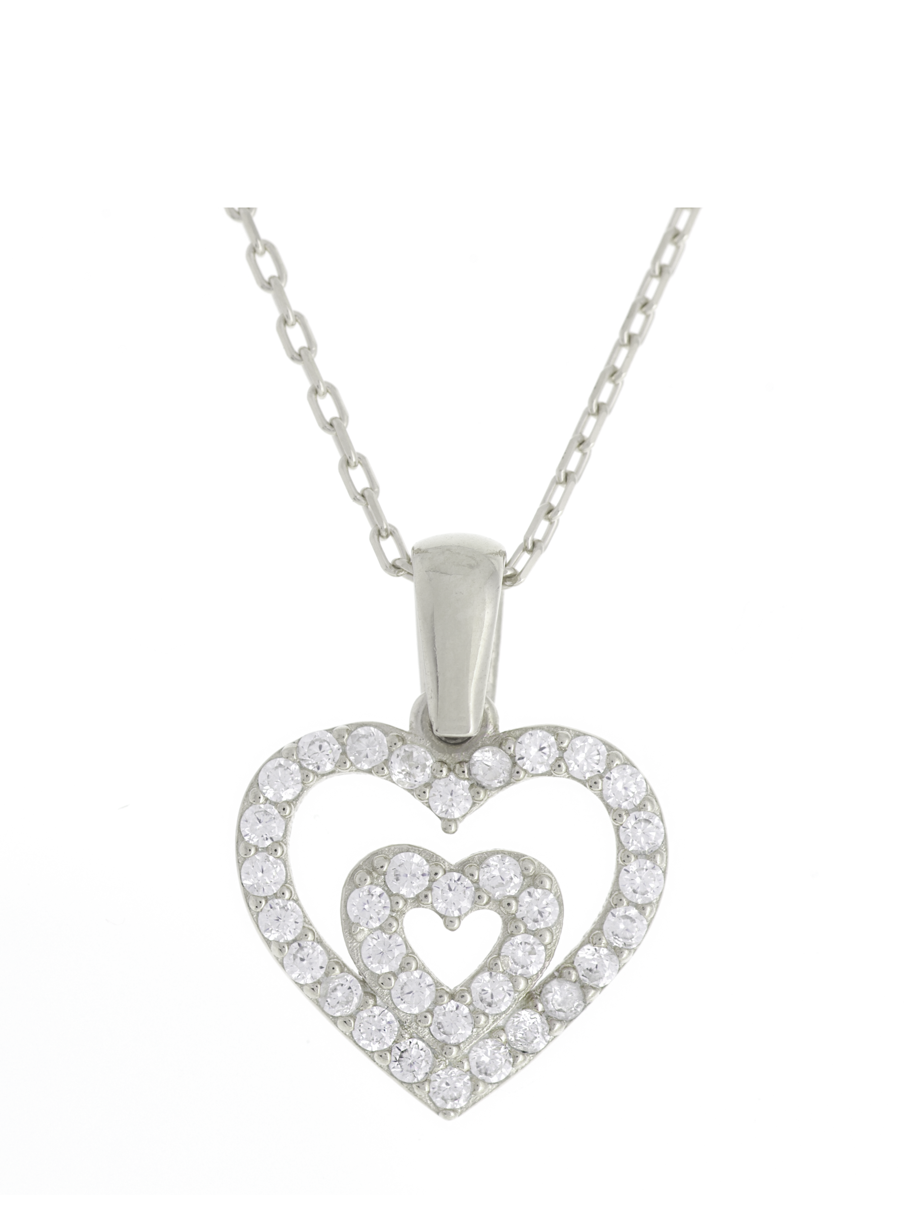 Gümüş Altın Yaldızlı Rose Renk 925 Ayar Gümüş Taşlı İç İçe 2 Kalpli Kolye - www.xsilver.com.tr