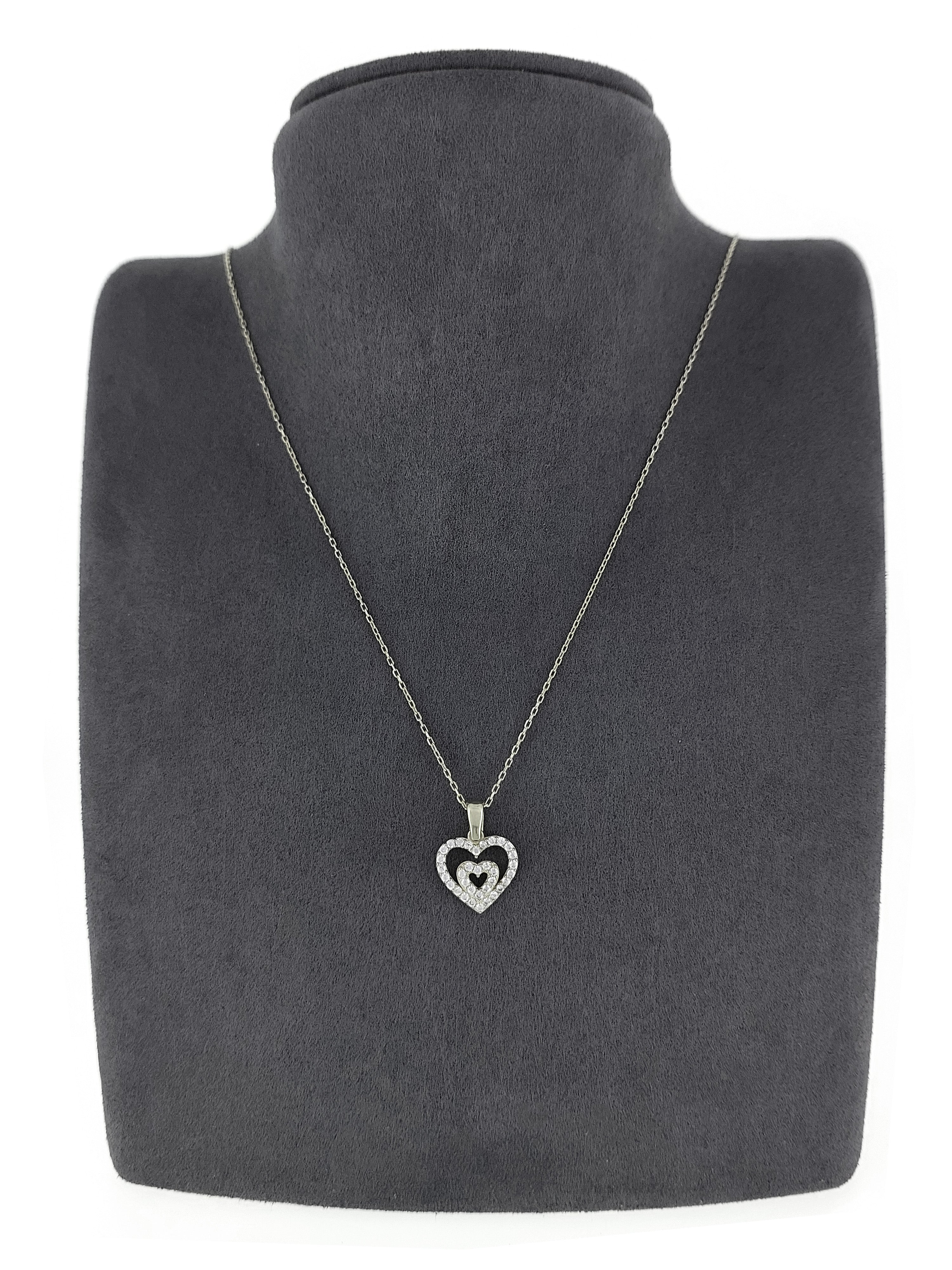 Gümüş Altın Yaldızlı Rose Renk 925 Ayar Gümüş Taşlı İç İçe 2 Kalpli Kolye - www.xsilver.com.tr