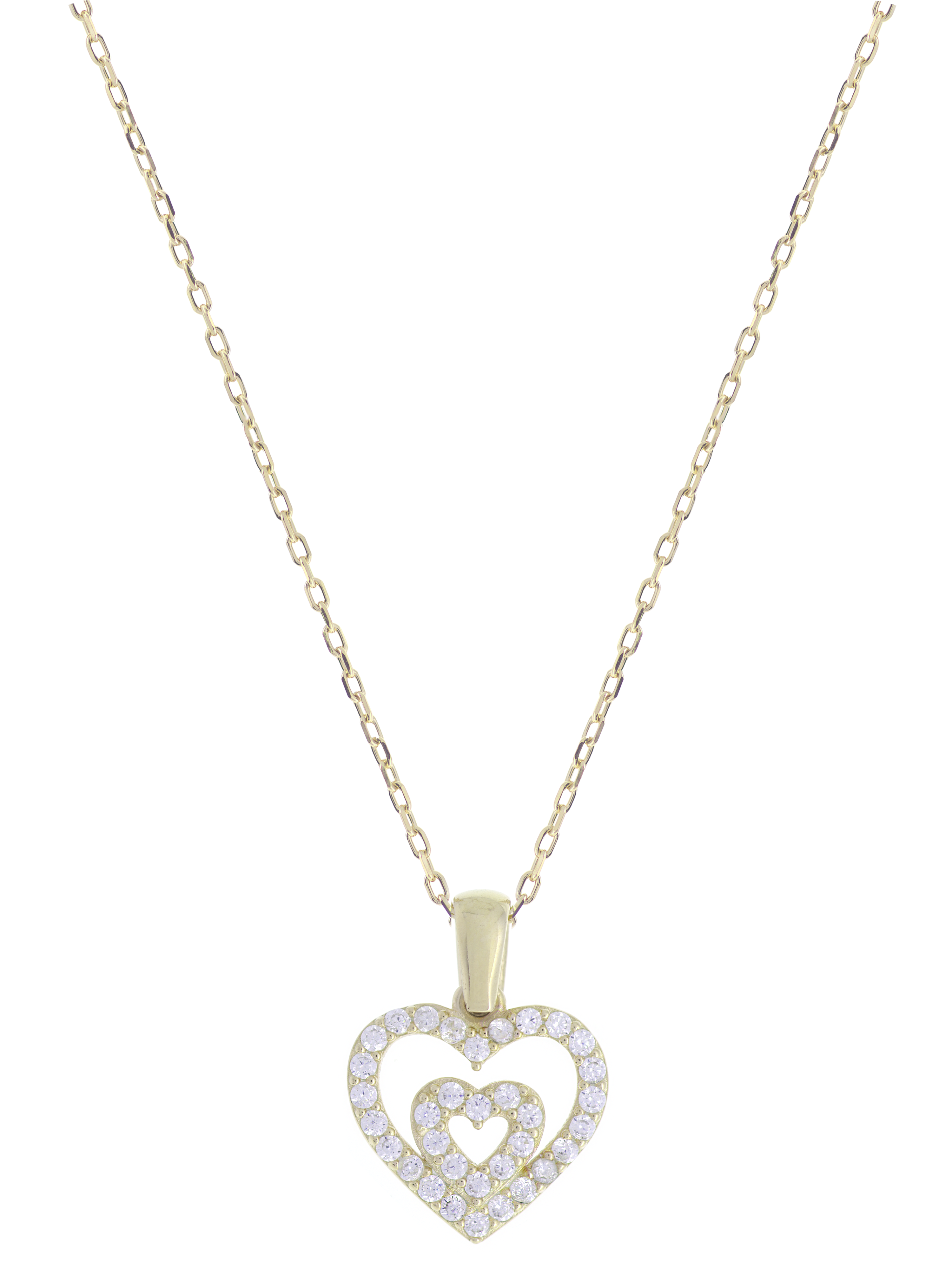 Gümüş Altın Yaldızlı Rose Renk 925 Ayar Gümüş Taşlı İç İçe 2 Kalpli Kolye - www.xsilver.com.tr