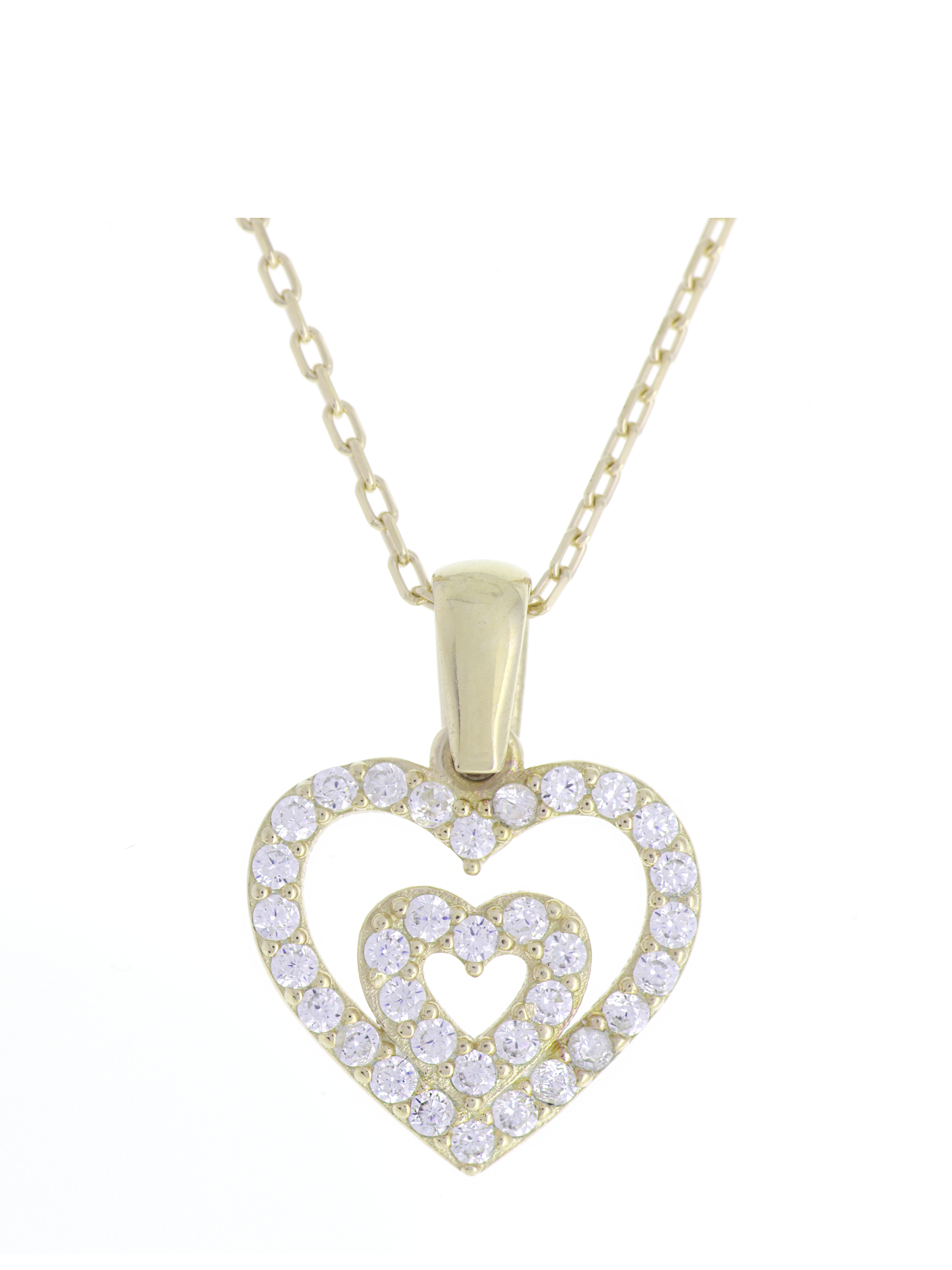 Gümüş Altın Yaldızlı Rose Renk 925 Ayar Gümüş Taşlı İç İçe 2 Kalpli Kolye - www.xsilver.com.tr