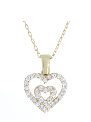 Gümüş Altın Yaldızlı Rose Renk 925 Ayar Gümüş Taşlı İç İçe 2 Kalpli Kolye - www.xsilver.com.tr