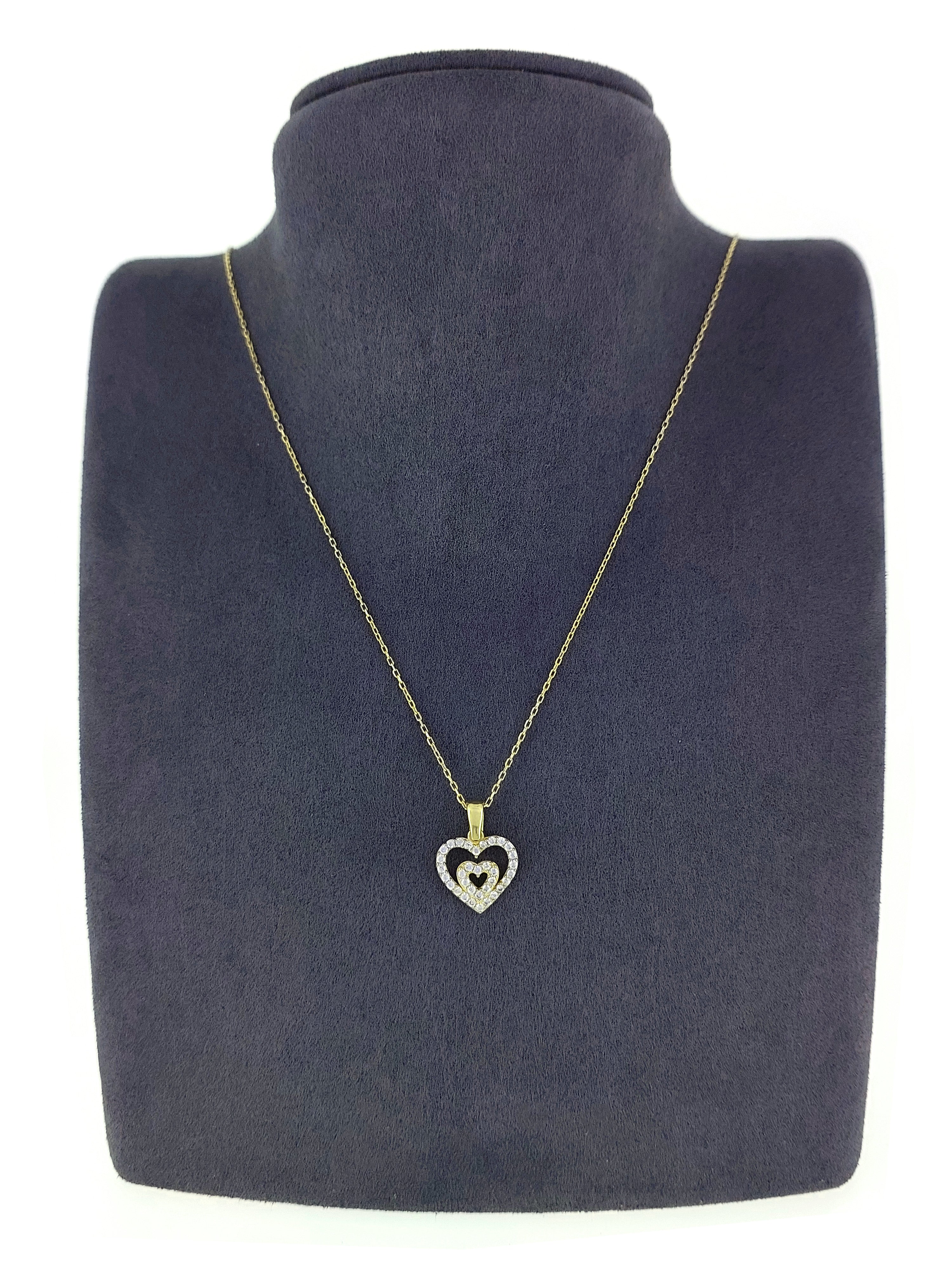 Gümüş Altın Yaldızlı Rose Renk 925 Ayar Gümüş Taşlı İç İçe 2 Kalpli Kolye - www.xsilver.com.tr