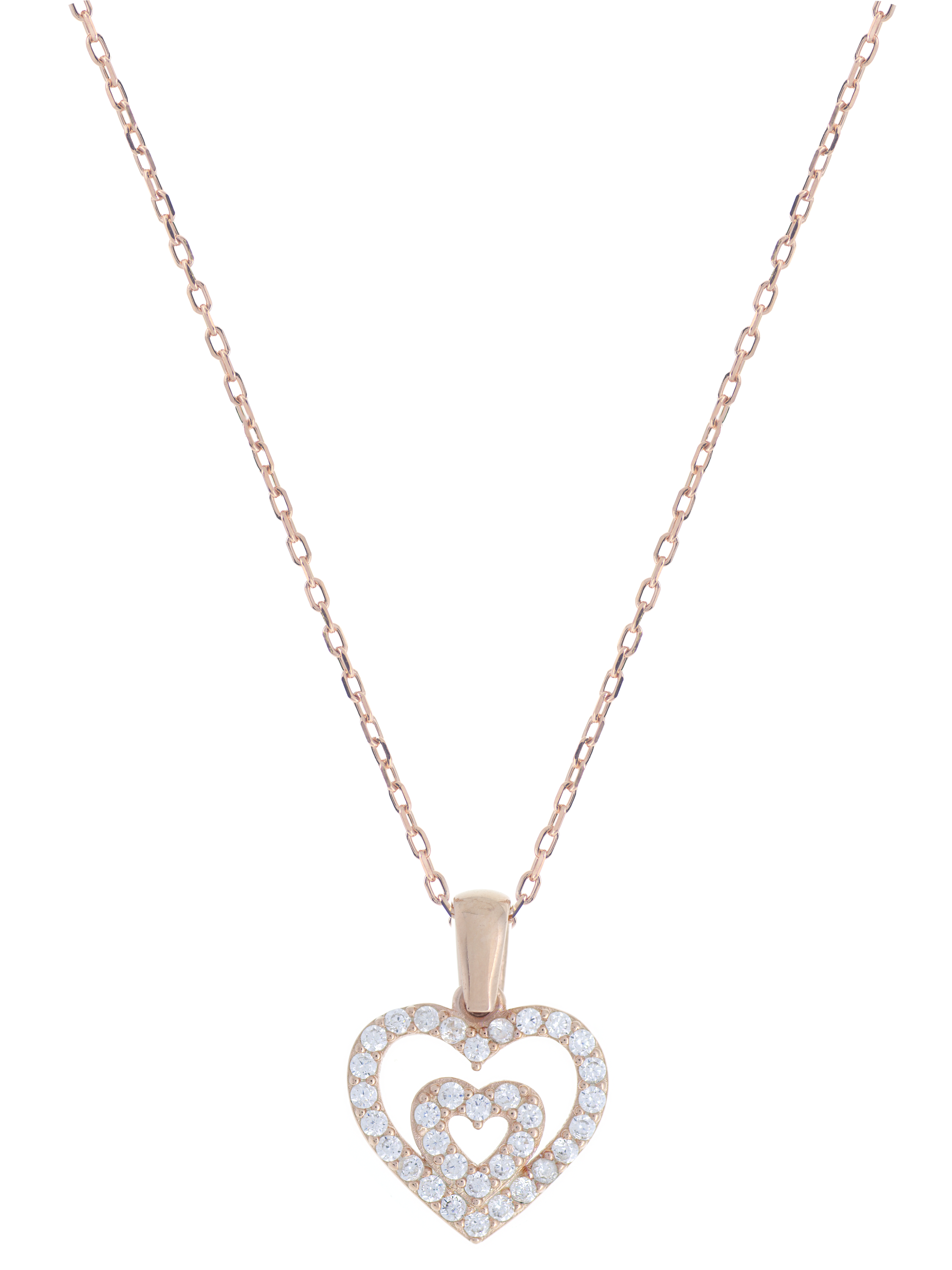 Gümüş Altın Yaldızlı Rose Renk 925 Ayar Gümüş Taşlı İç İçe 2 Kalpli Kolye - www.xsilver.com.tr