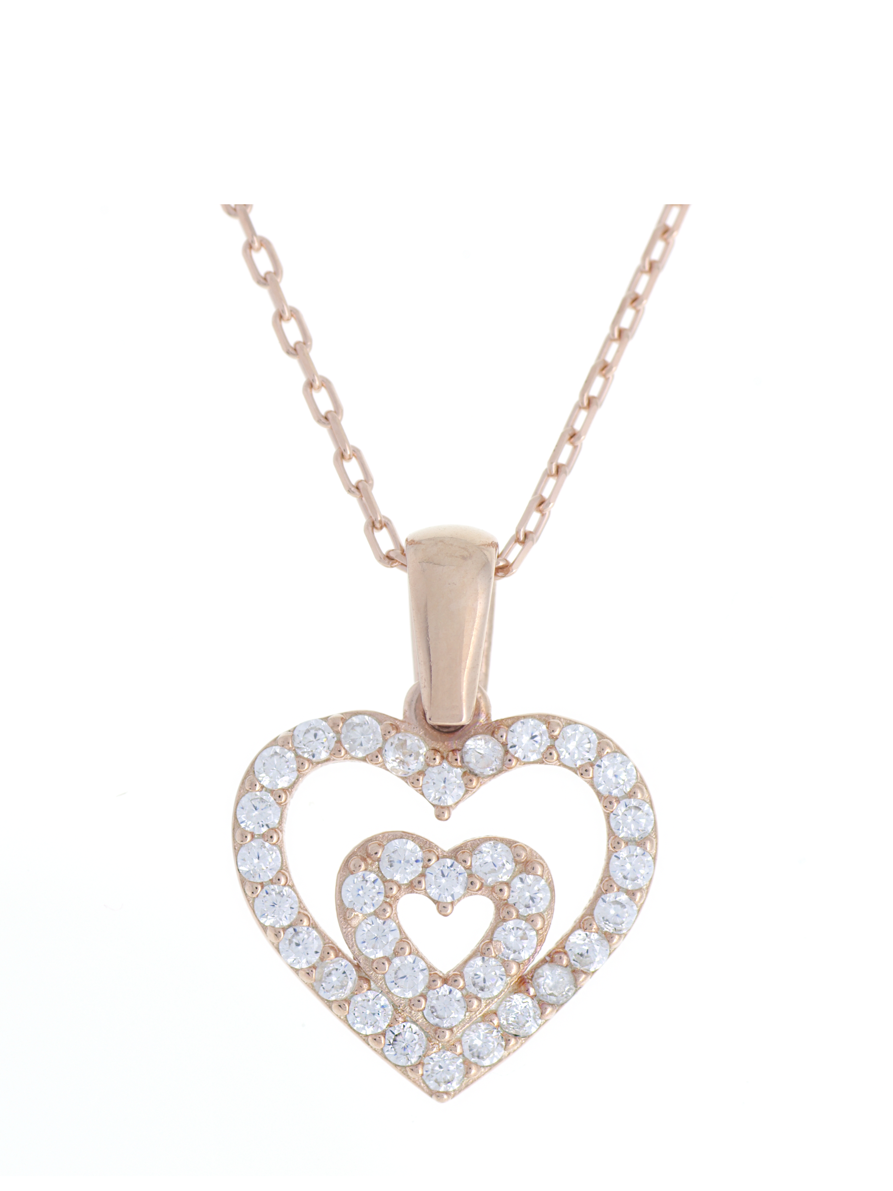 Gümüş Altın Yaldızlı Rose Renk 925 Ayar Gümüş Taşlı İç İçe 2 Kalpli Kolye - www.xsilver.com.tr