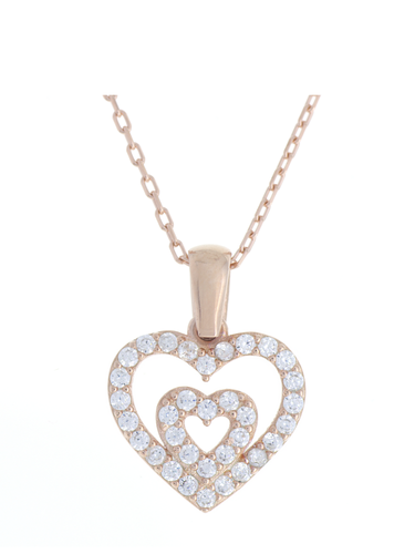Gümüş Altın Yaldızlı Rose Renk 925 Ayar Gümüş Taşlı İç İçe 2 Kalpli Kolye - www.xsilver.com.tr