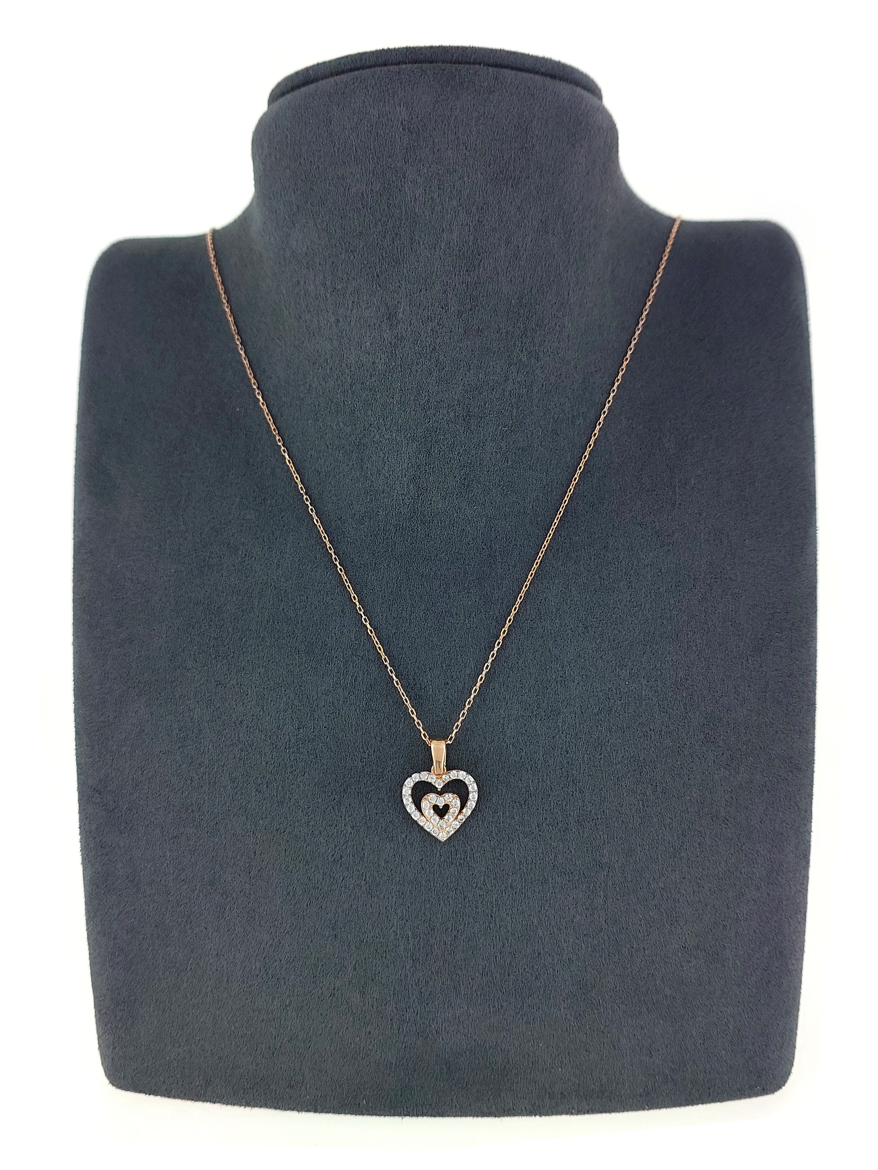 Gümüş Altın Yaldızlı Rose Renk 925 Ayar Gümüş Taşlı İç İçe 2 Kalpli Kolye - www.xsilver.com.tr