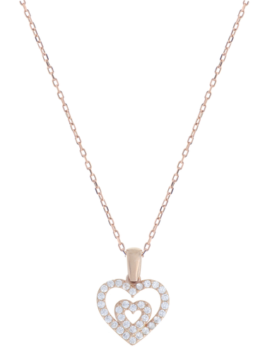Gümüş Altın Yaldızlı Rose Renk 925 Ayar Gümüş Taşlı İç İçe 2 Kalpli Kolye - www.xsilver.com.tr