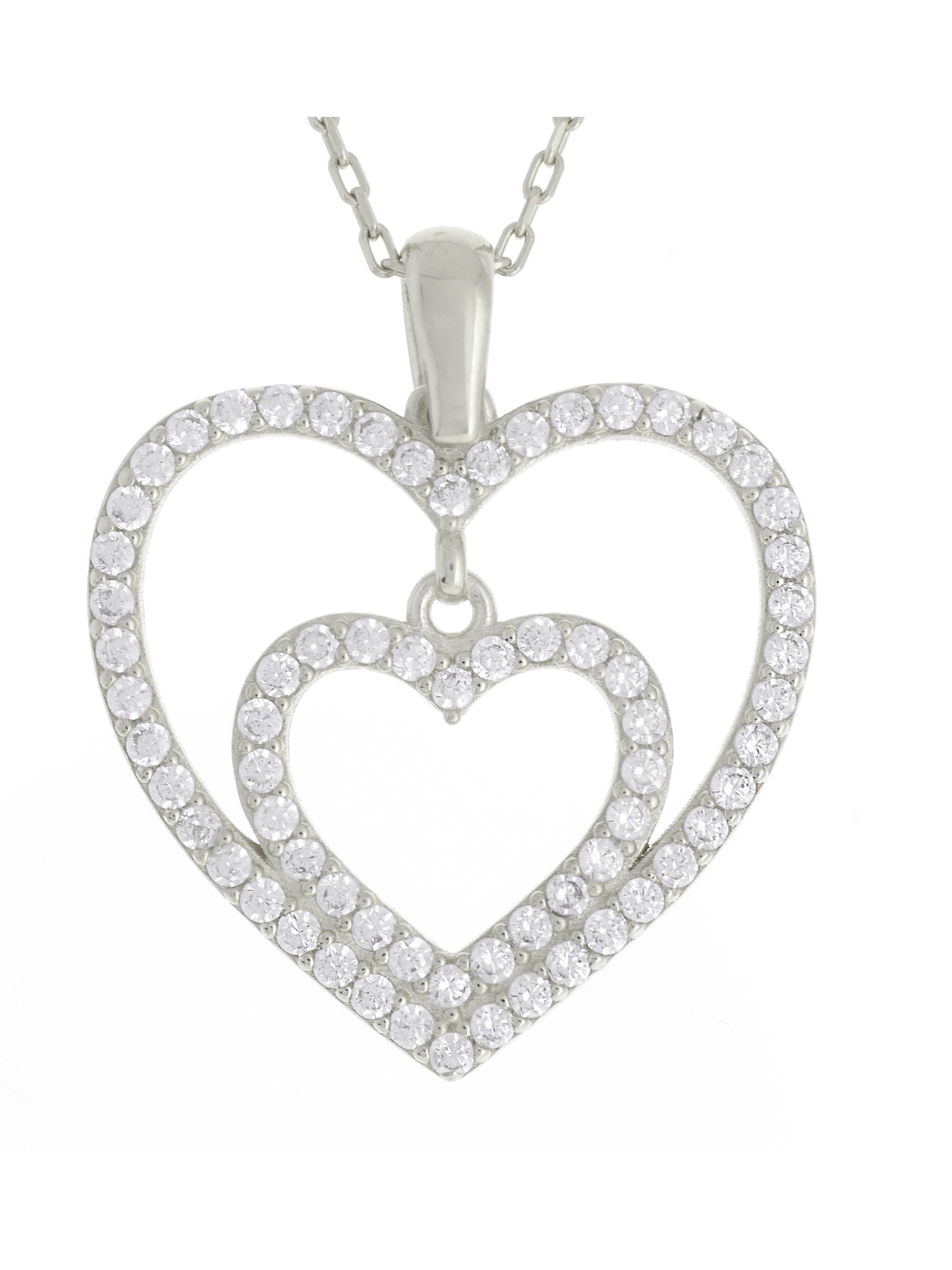 Gümüş Altın Yaldızlı Rose Renk 925 Ayar Gümüş Taşlı İç İçe 2 Kalpli Kolye - www.xsilver.com.tr