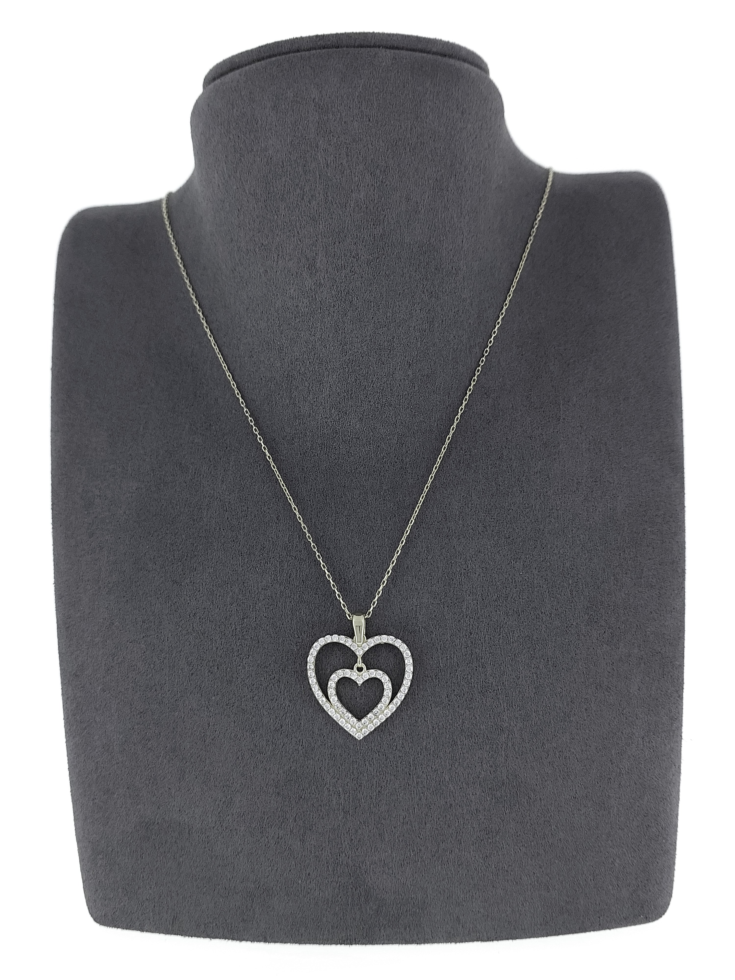 Gümüş Altın Yaldızlı Rose Renk 925 Ayar Gümüş Taşlı İç İçe 2 Kalpli Kolye - www.xsilver.com.tr