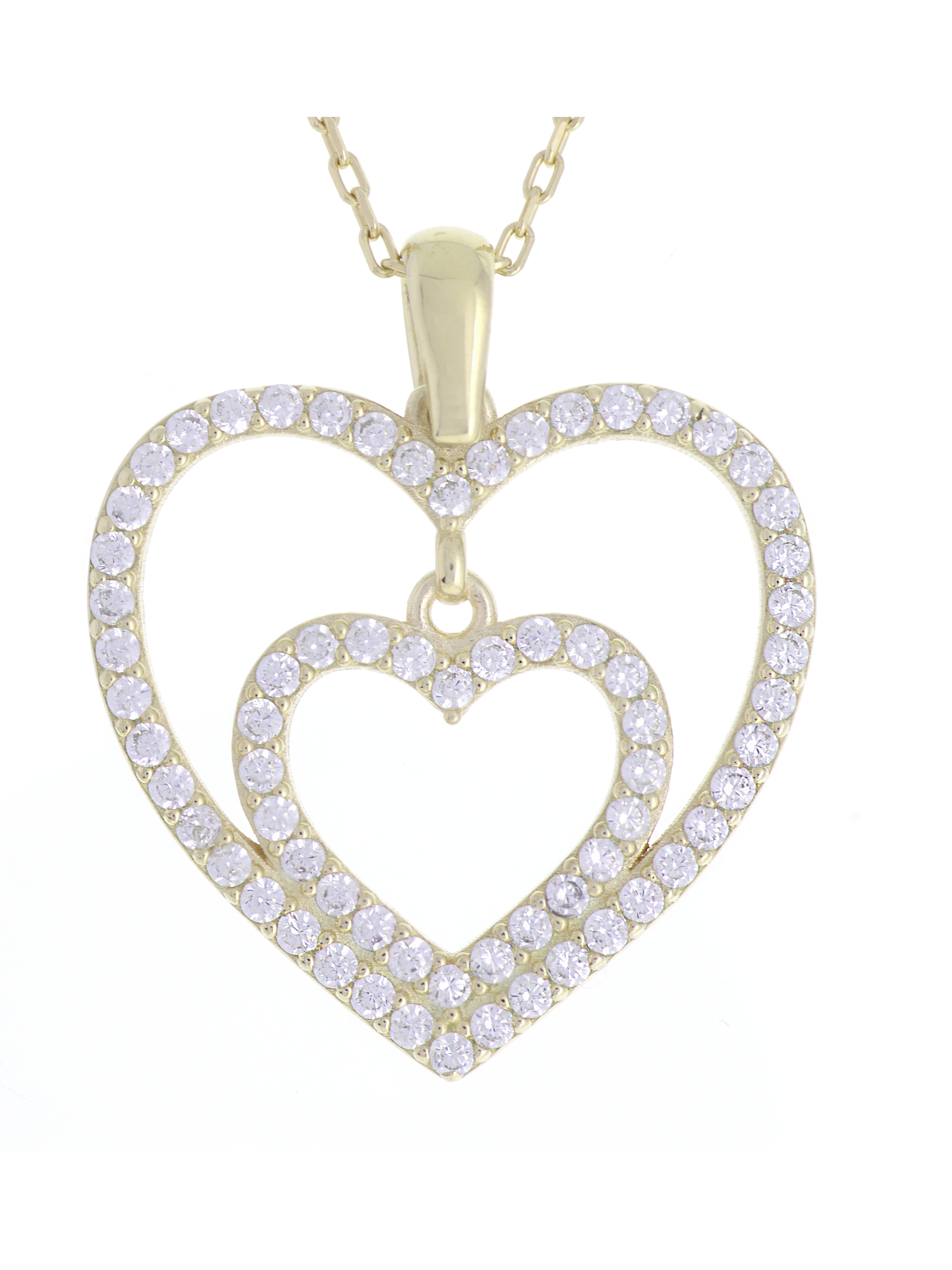 Gümüş Altın Yaldızlı Rose Renk 925 Ayar Gümüş Taşlı İç İçe 2 Kalpli Kolye - www.xsilver.com.tr