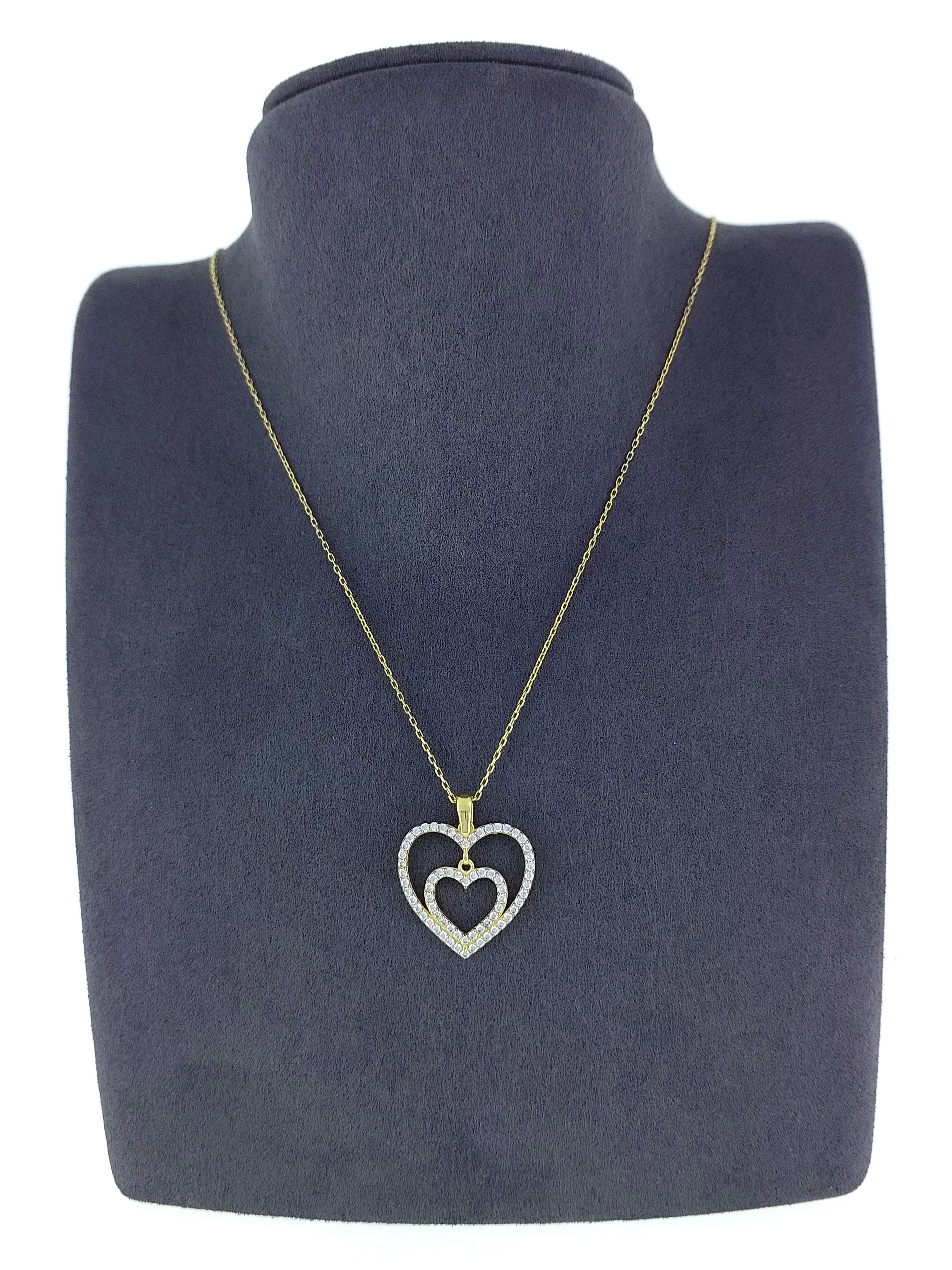 Gümüş Altın Yaldızlı Rose Renk 925 Ayar Gümüş Taşlı İç İçe 2 Kalpli Kolye - www.xsilver.com.tr