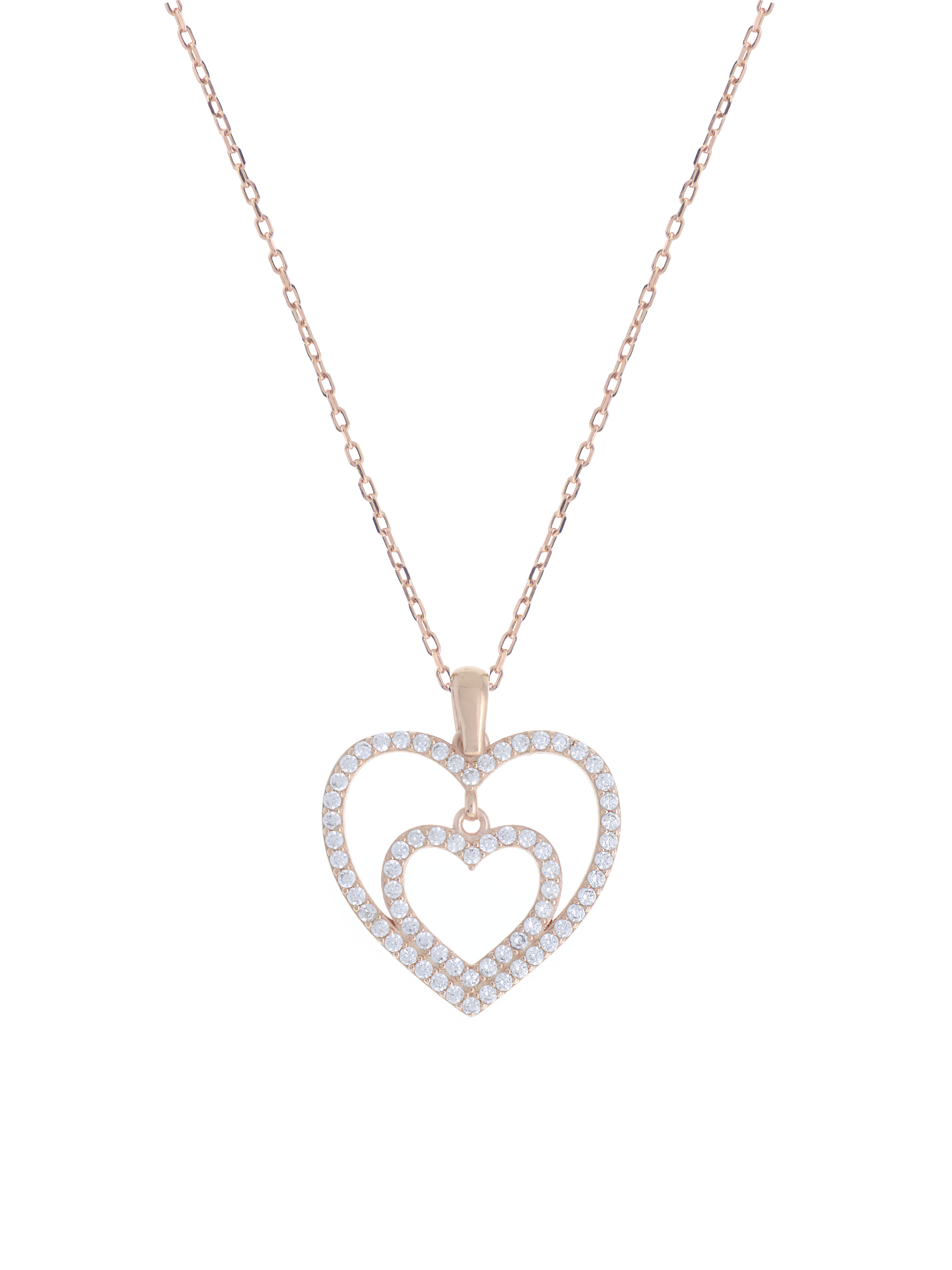 Gümüş Altın Yaldızlı Rose Renk 925 Ayar Gümüş Taşlı İç İçe 2 Kalpli Kolye - www.xsilver.com.tr