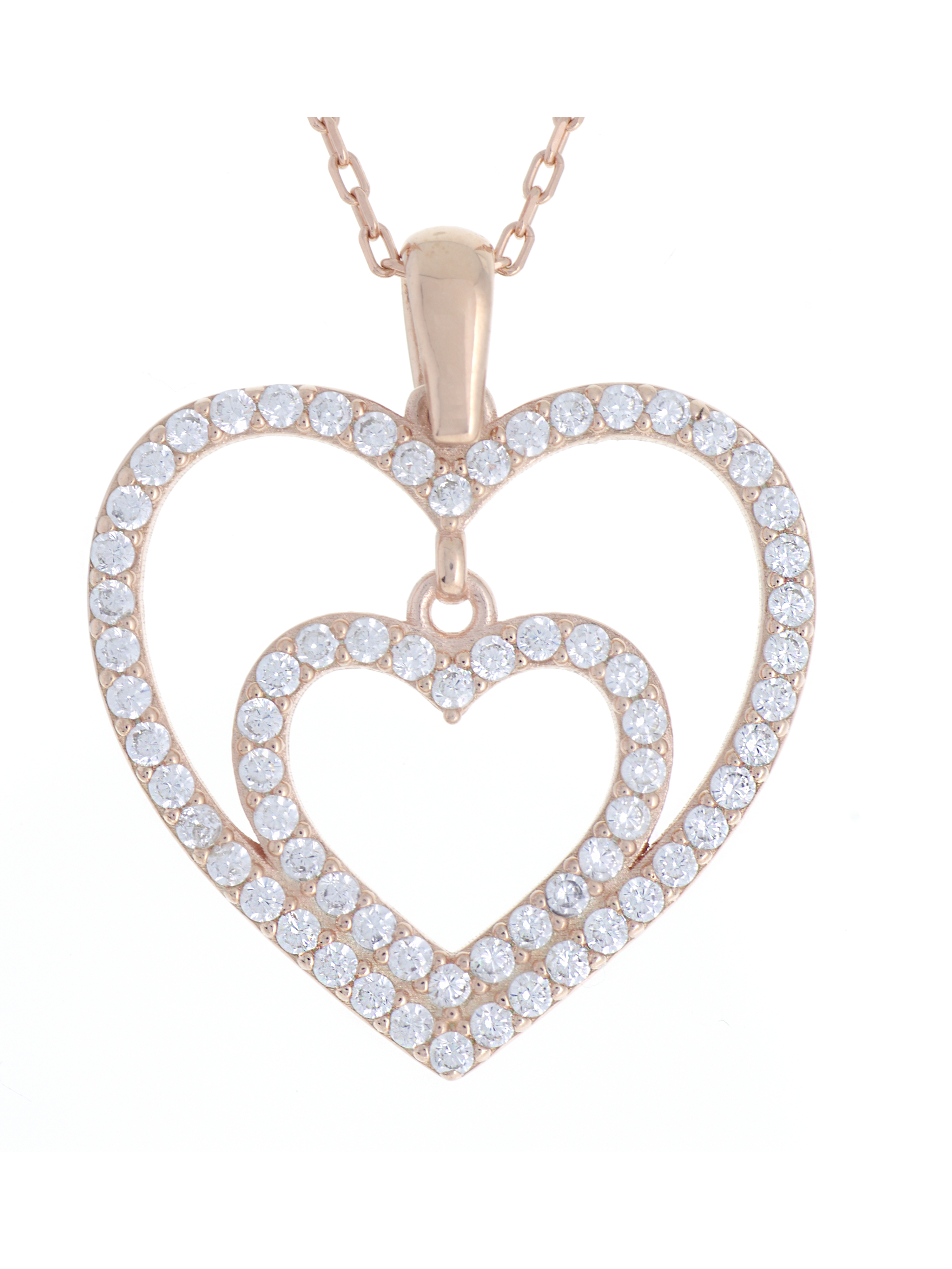 Gümüş Altın Yaldızlı Rose Renk 925 Ayar Gümüş Taşlı İç İçe 2 Kalpli Kolye - www.xsilver.com.tr