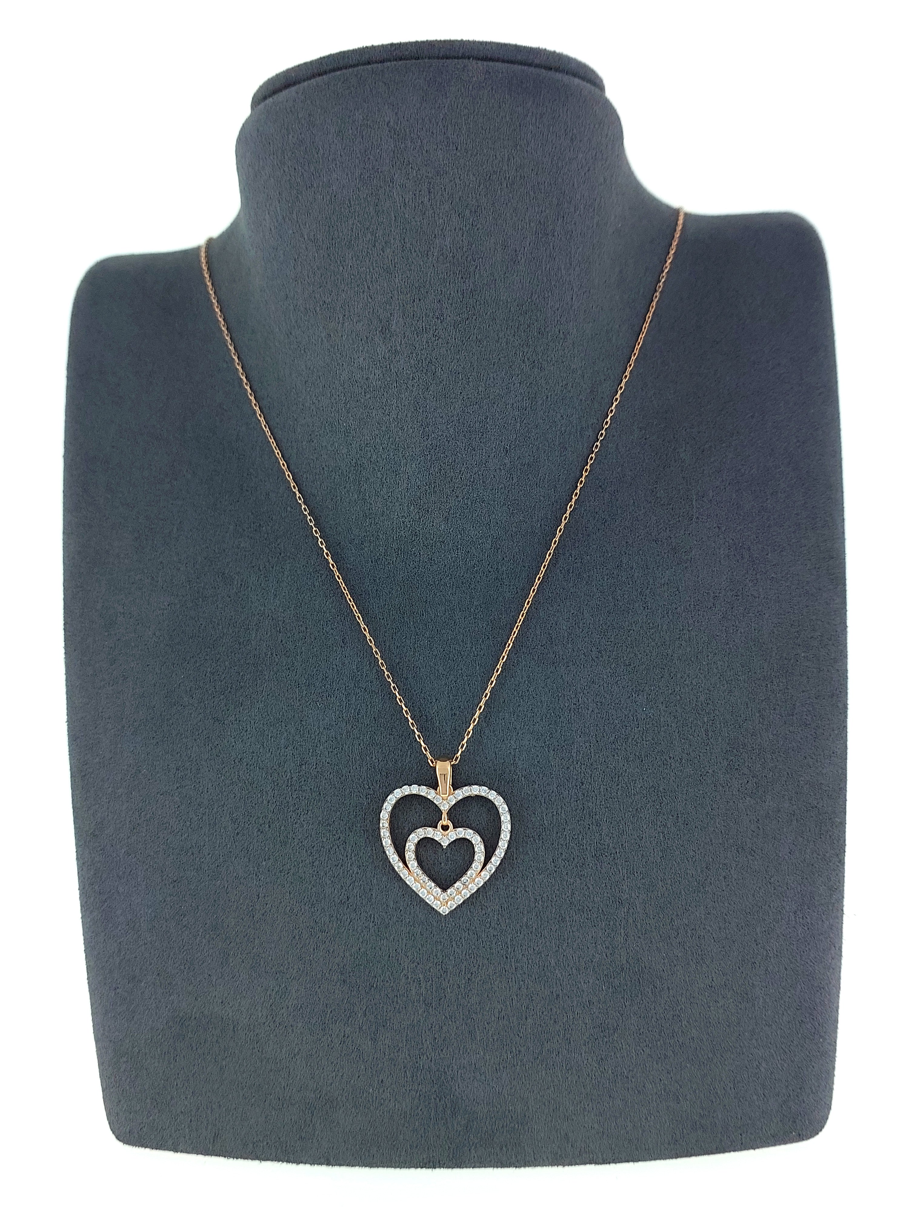 Gümüş Altın Yaldızlı Rose Renk 925 Ayar Gümüş Taşlı İç İçe 2 Kalpli Kolye - www.xsilver.com.tr