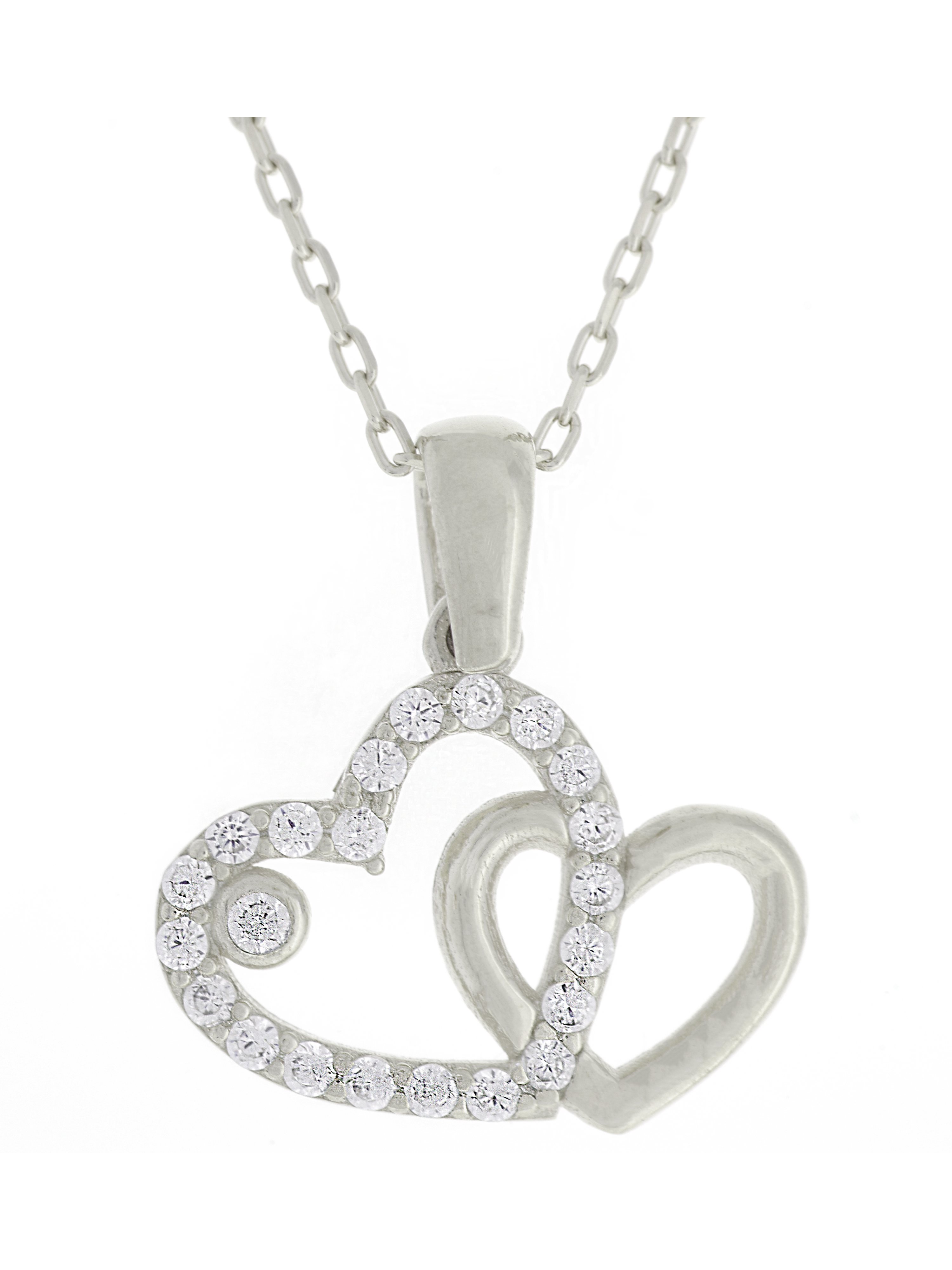 Gümüş Altın Yaldızlı Rose Renk 925 Ayar Gümüş Taşlı Yan Yana 2 Kalp Kolye - www.xsilver.com.tr