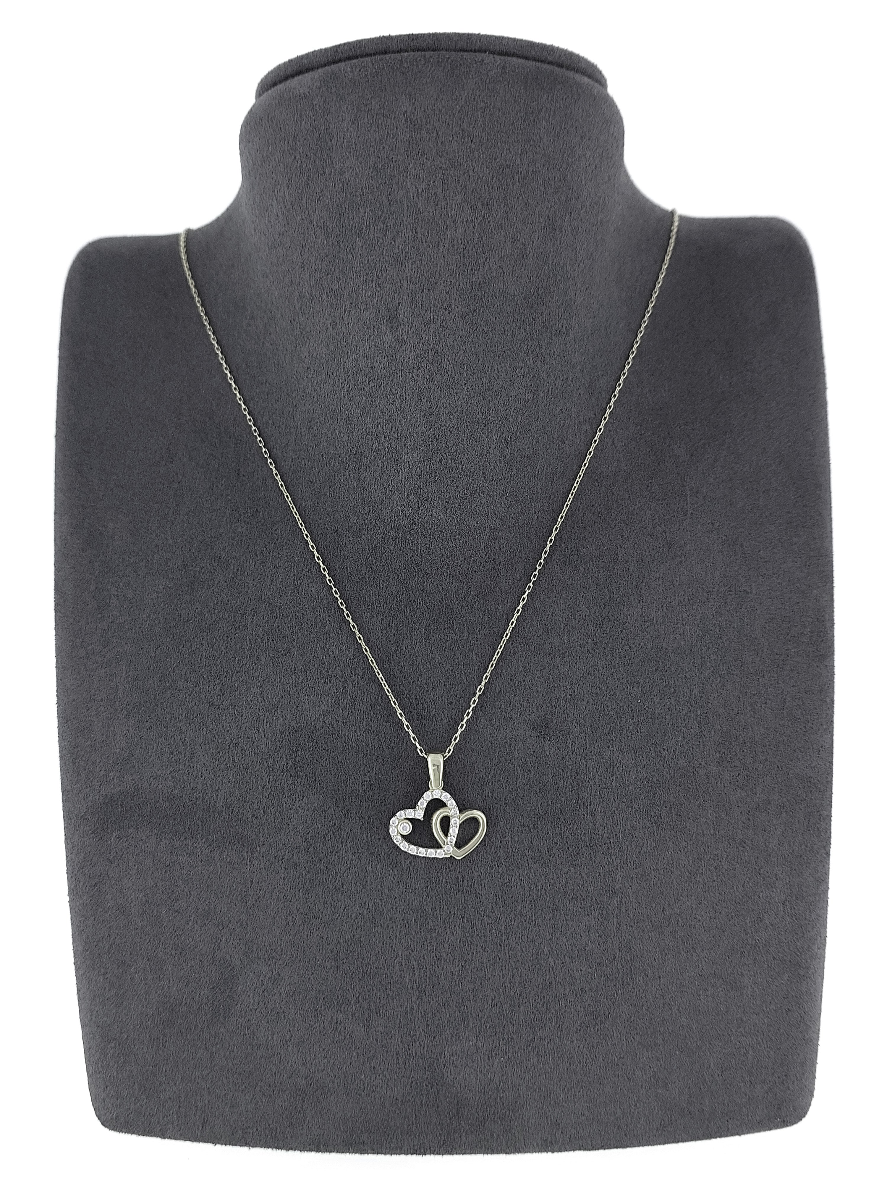 Gümüş Altın Yaldızlı Rose Renk 925 Ayar Gümüş Taşlı Yan Yana 2 Kalp Kolye - www.xsilver.com.tr