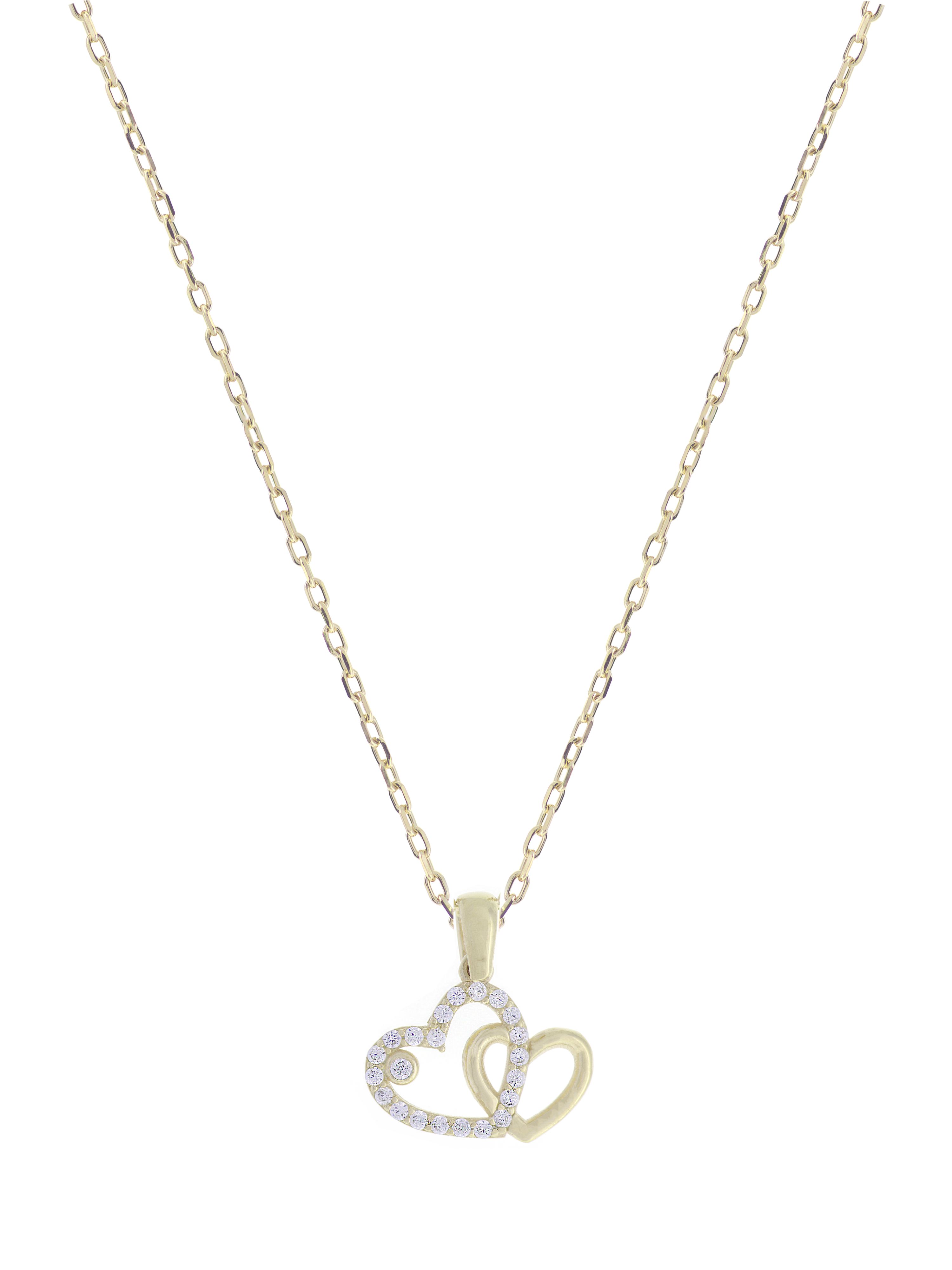 Gümüş Altın Yaldızlı Rose Renk 925 Ayar Gümüş Taşlı Yan Yana 2 Kalp Kolye - www.xsilver.com.tr