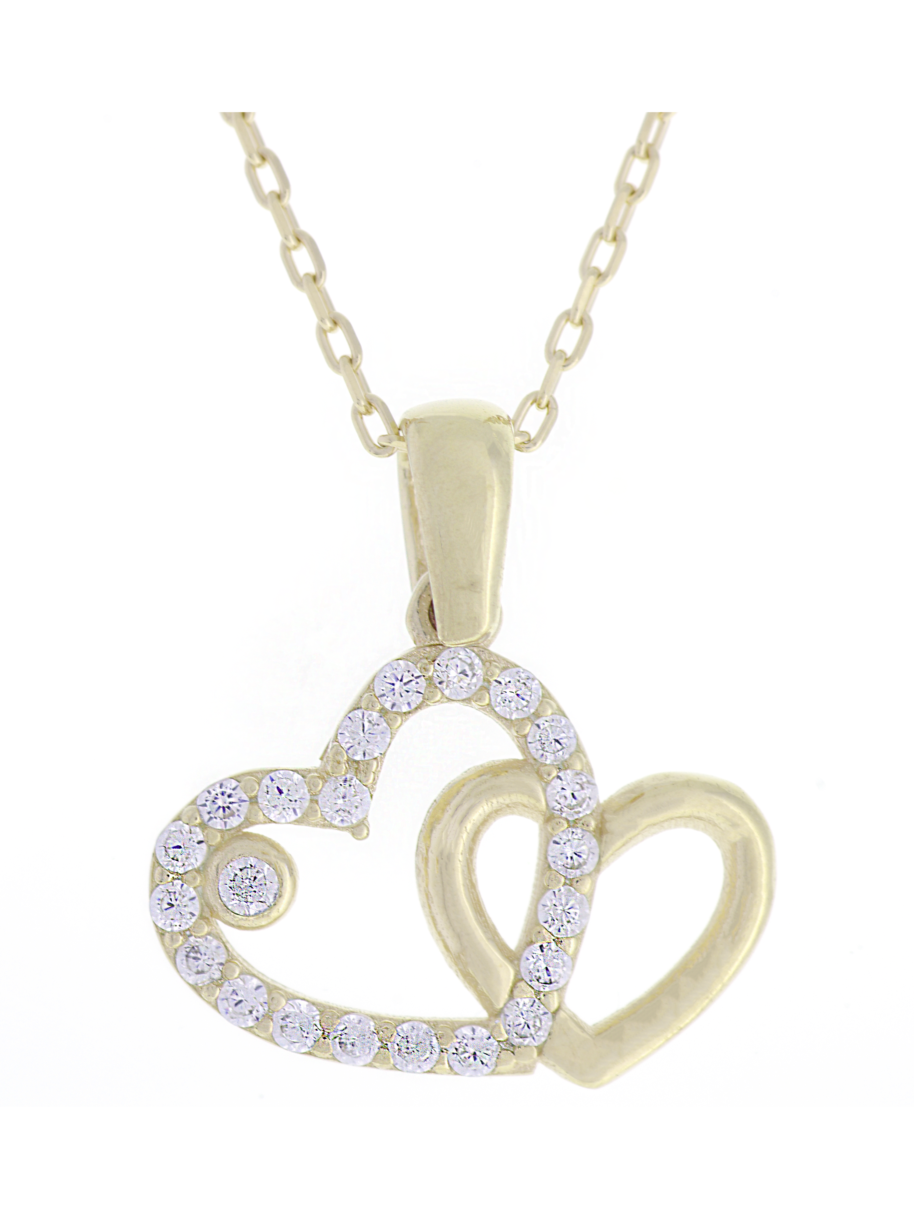 Gümüş Altın Yaldızlı Rose Renk 925 Ayar Gümüş Taşlı Yan Yana 2 Kalp Kolye - www.xsilver.com.tr