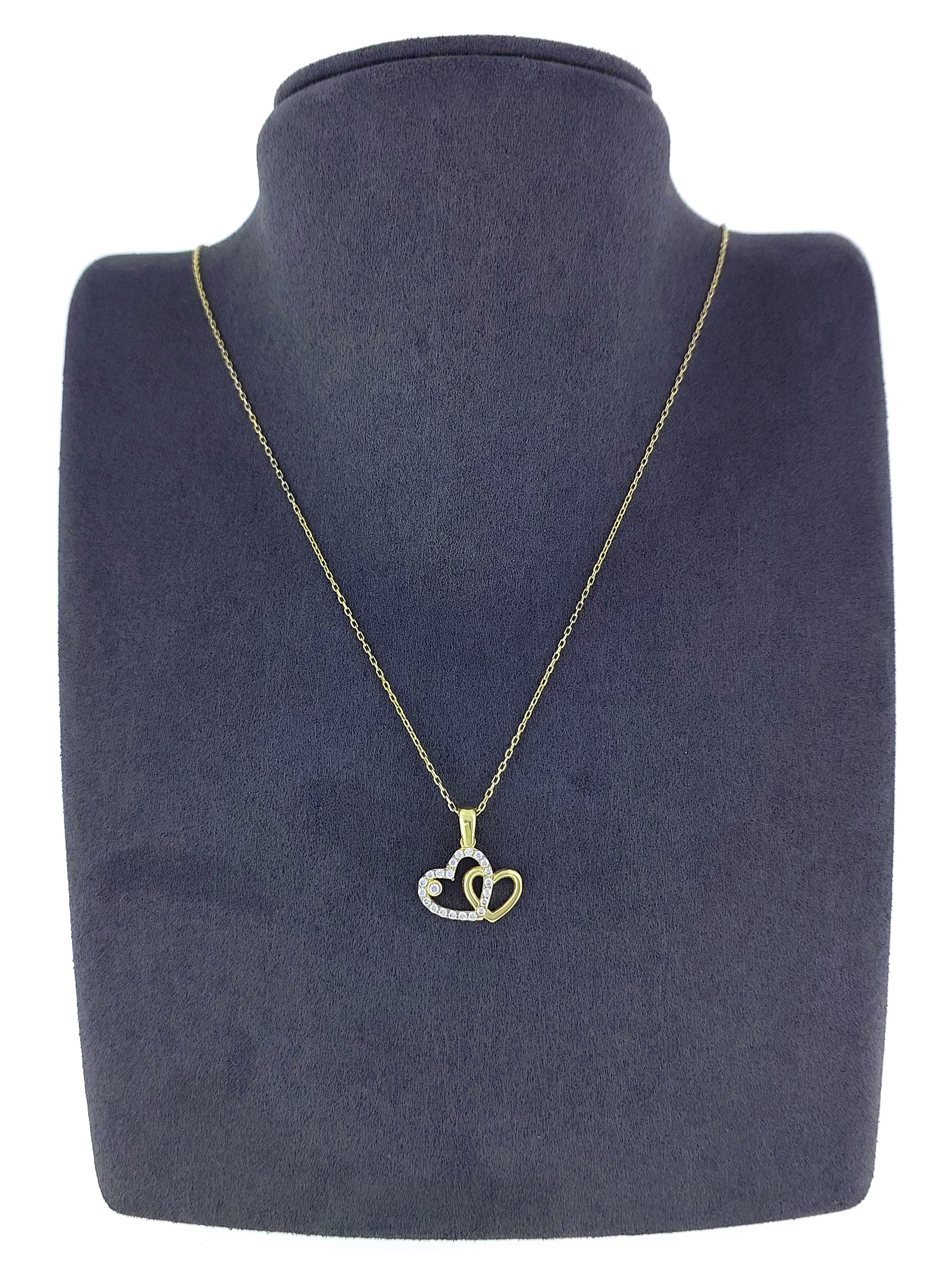 Gümüş Altın Yaldızlı Rose Renk 925 Ayar Gümüş Taşlı Yan Yana 2 Kalp Kolye - www.xsilver.com.tr