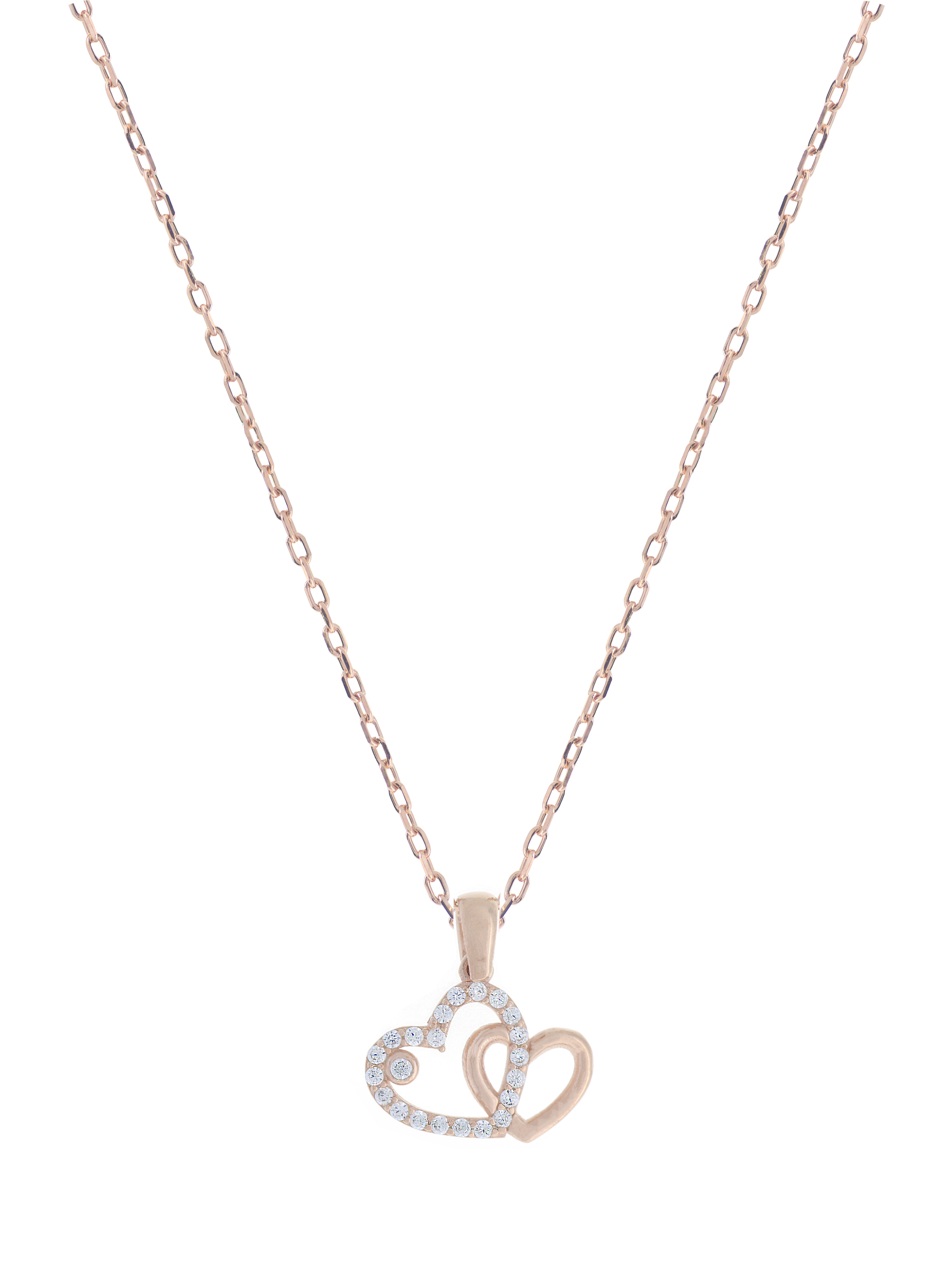 Gümüş Altın Yaldızlı Rose Renk 925 Ayar Gümüş Taşlı Yan Yana 2 Kalp Kolye - www.xsilver.com.tr