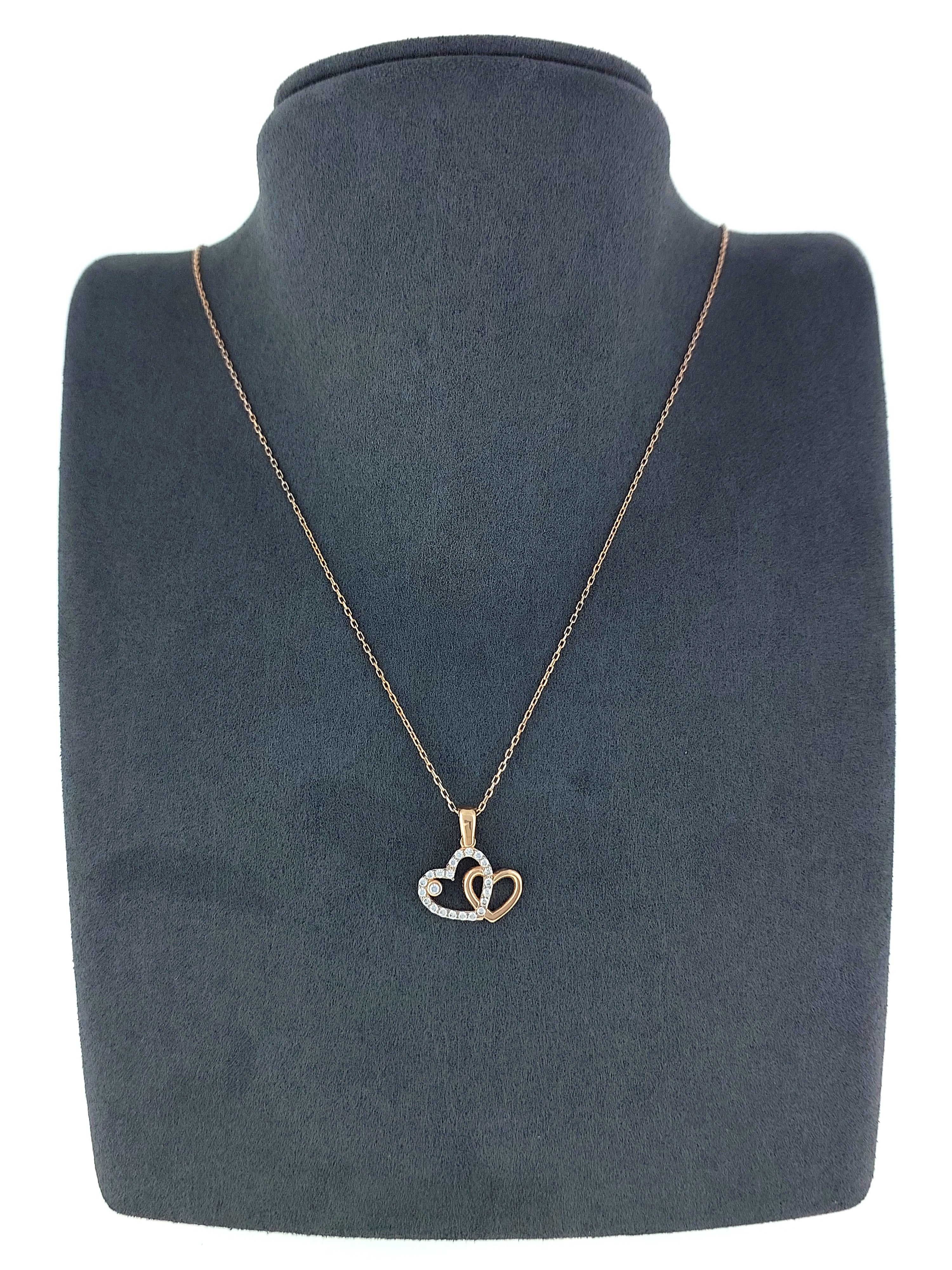 Gümüş Altın Yaldızlı Rose Renk 925 Ayar Gümüş Taşlı Yan Yana 2 Kalp Kolye - www.xsilver.com.tr