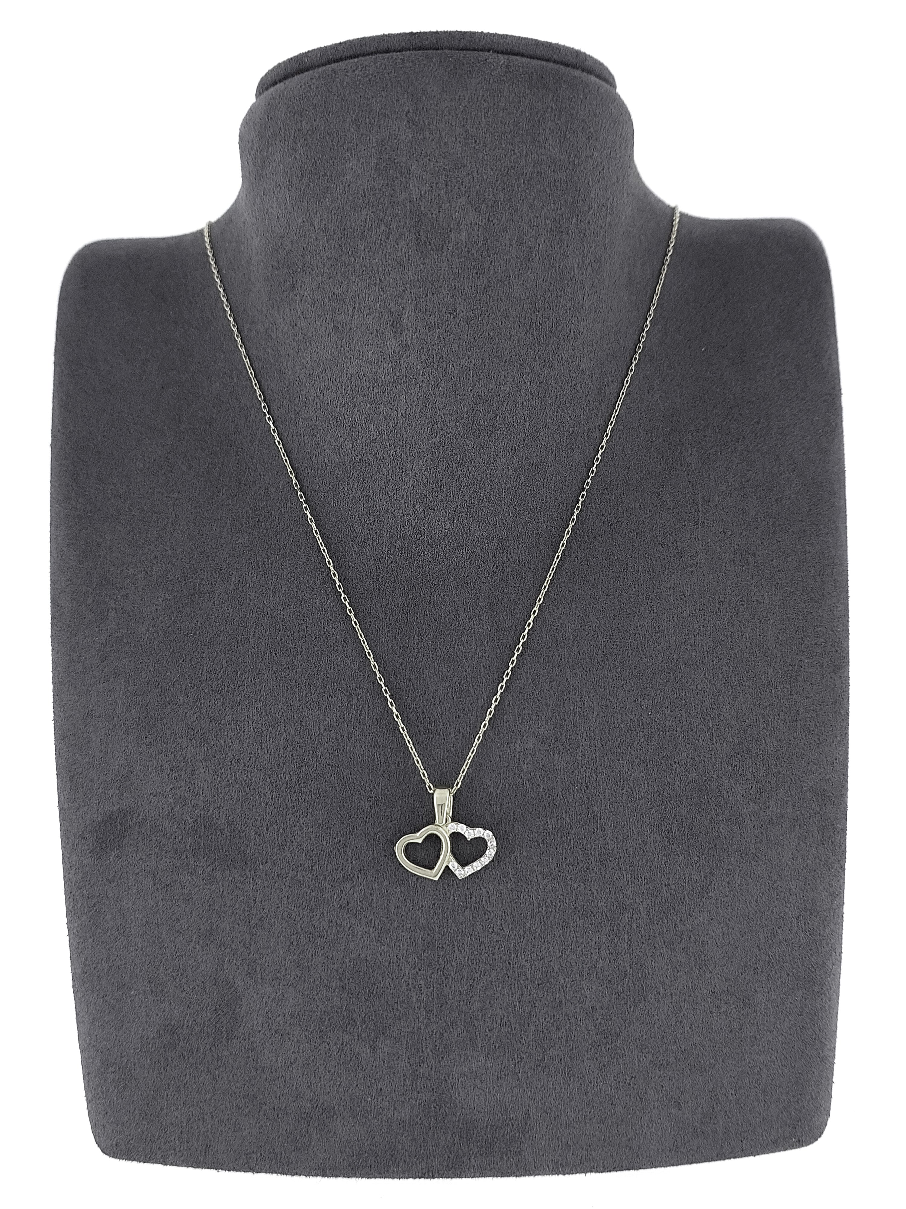 Gümüş Altın Yaldızlı Rose Renk 925 Ayar Gümüş Taşlı Yan Yana 2 Kalp Kolye - www.xsilver.com.tr