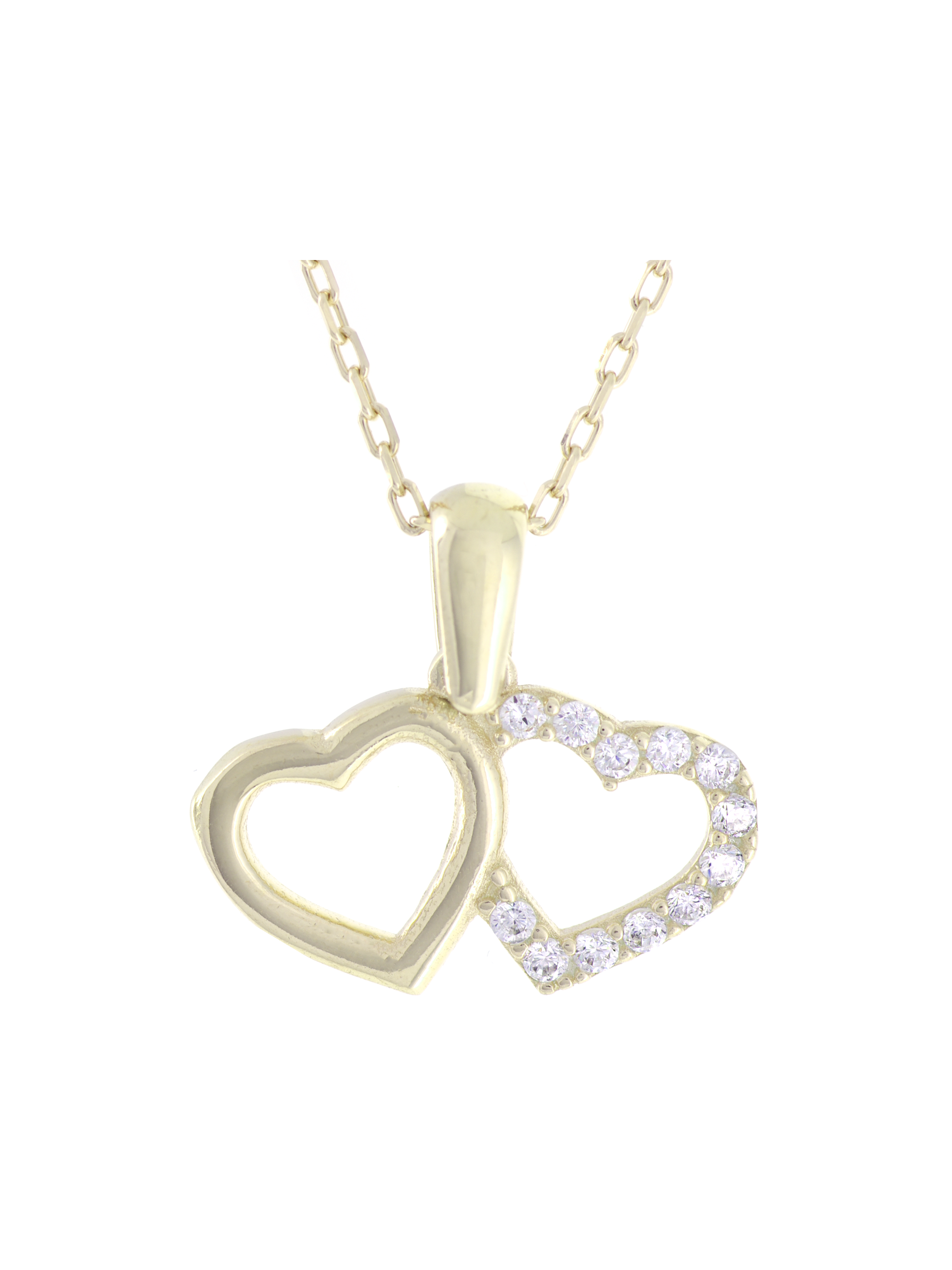 Gümüş Altın Yaldızlı Rose Renk 925 Ayar Gümüş Taşlı Yan Yana 2 Kalp Kolye - www.xsilver.com.tr