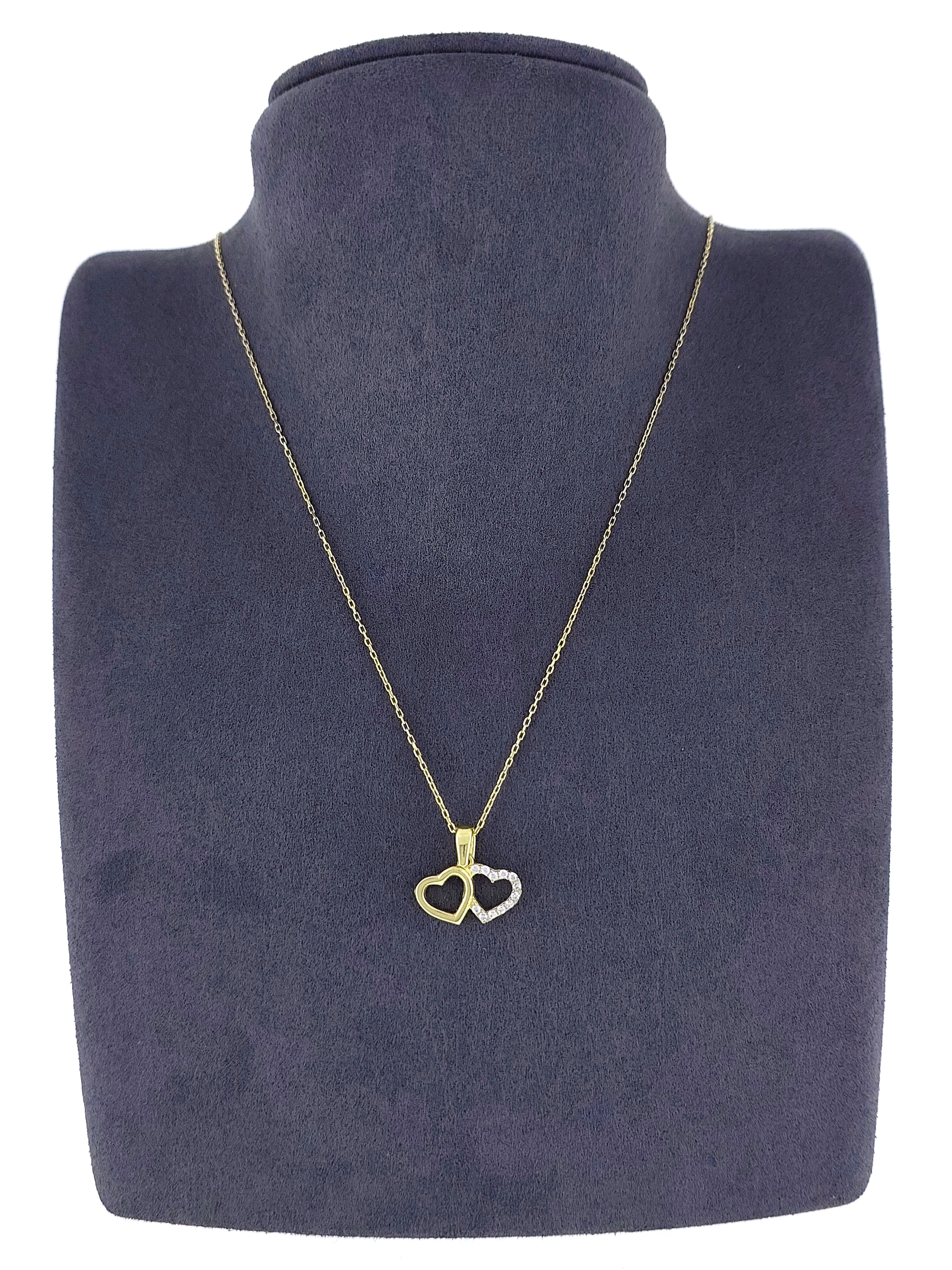 Gümüş Altın Yaldızlı Rose Renk 925 Ayar Gümüş Taşlı Yan Yana 2 Kalp Kolye - www.xsilver.com.tr