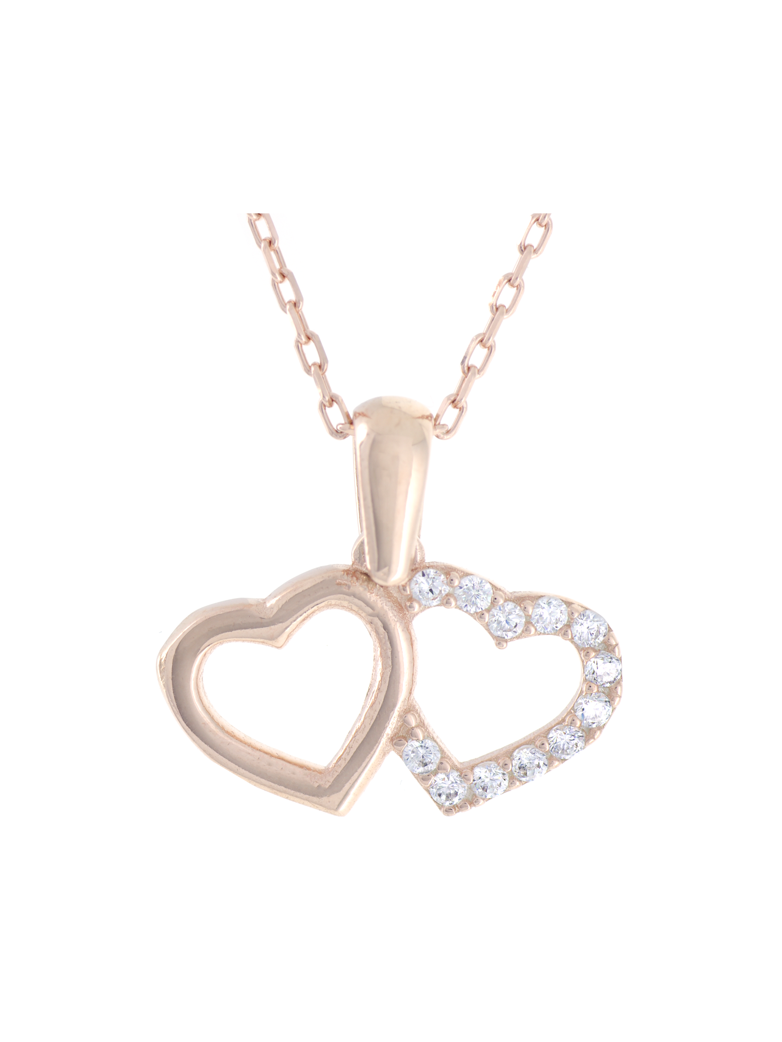 Gümüş Altın Yaldızlı Rose Renk 925 Ayar Gümüş Taşlı Yan Yana 2 Kalp Kolye - www.xsilver.com.tr