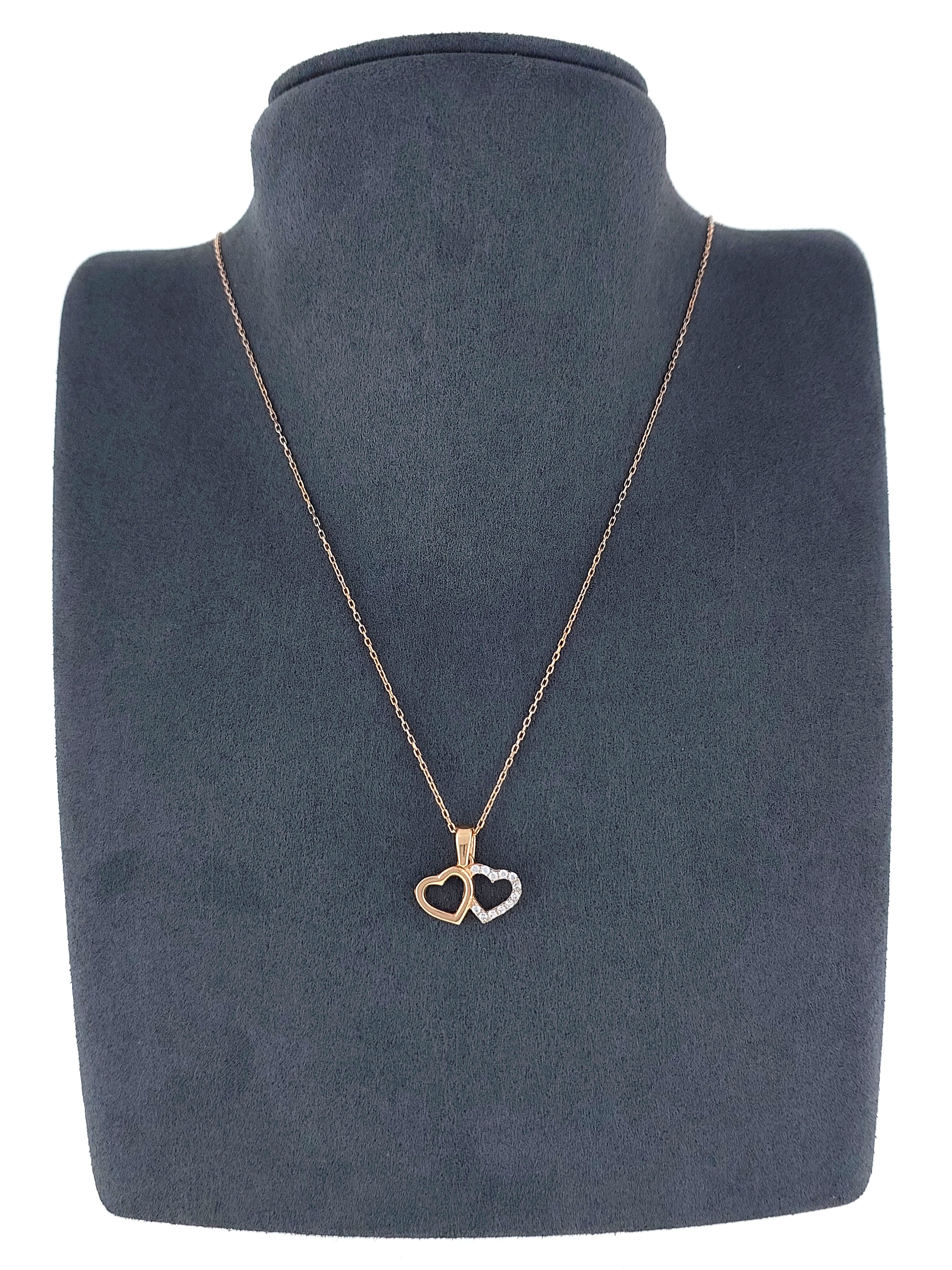 Gümüş Altın Yaldızlı Rose Renk 925 Ayar Gümüş Taşlı Yan Yana 2 Kalp Kolye - www.xsilver.com.tr