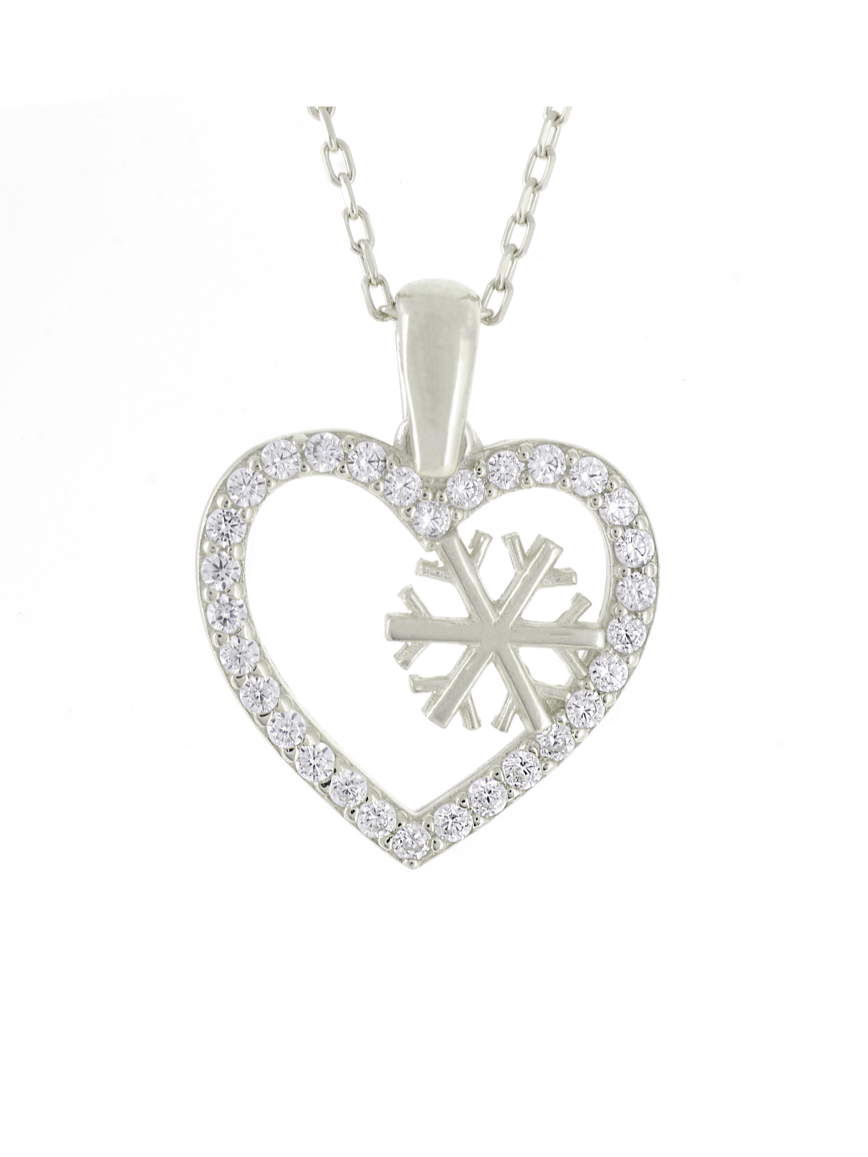 Gümüş Altın Yaldızlı Rose Renk 925 Ayar Gümüş Taşlı Kalp İçerisinde Kar Tanesi Kolye - www.xsilver.com.tr