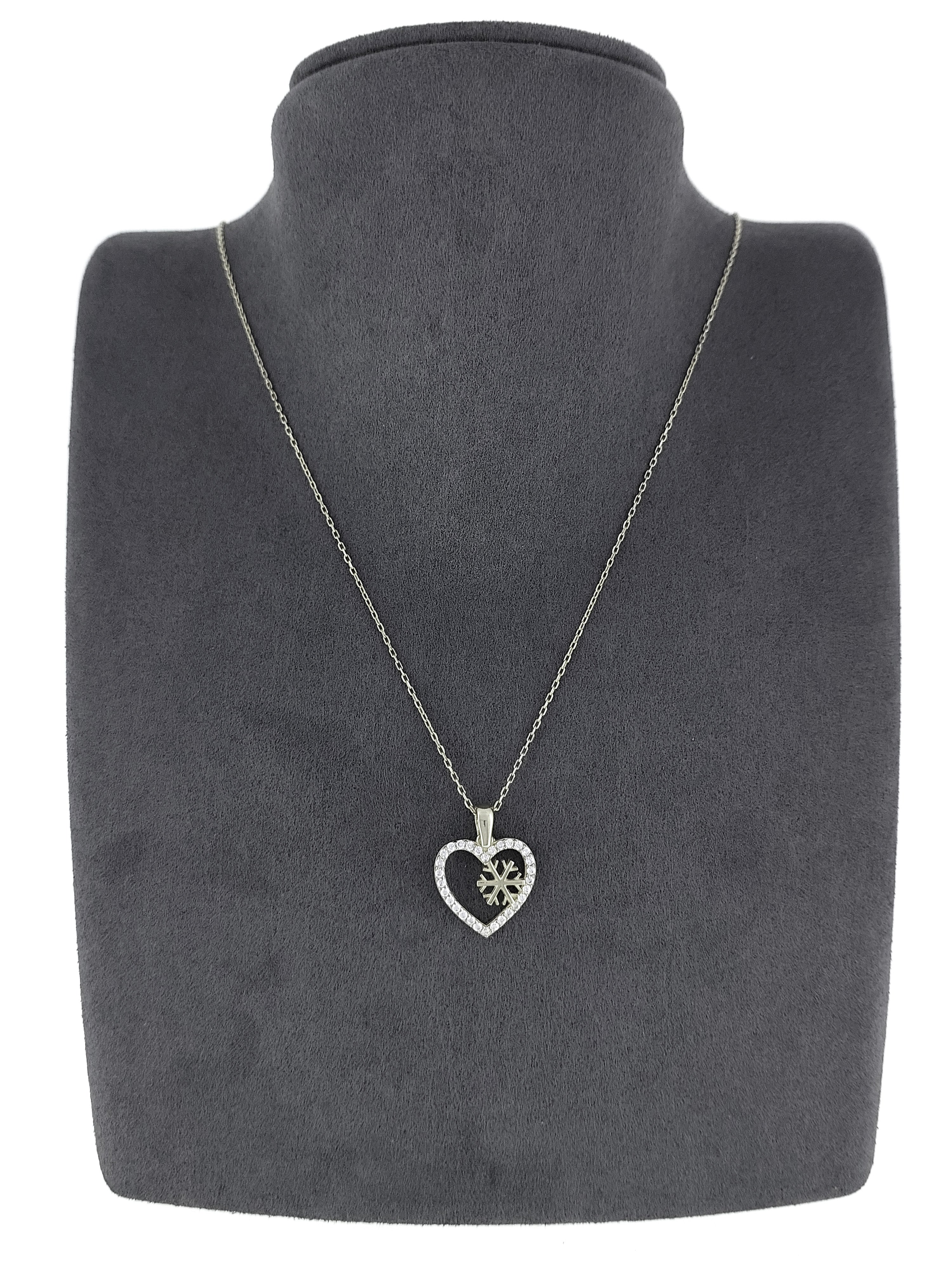 Gümüş Altın Yaldızlı Rose Renk 925 Ayar Gümüş Taşlı Kalp İçerisinde Kar Tanesi Kolye - www.xsilver.com.tr