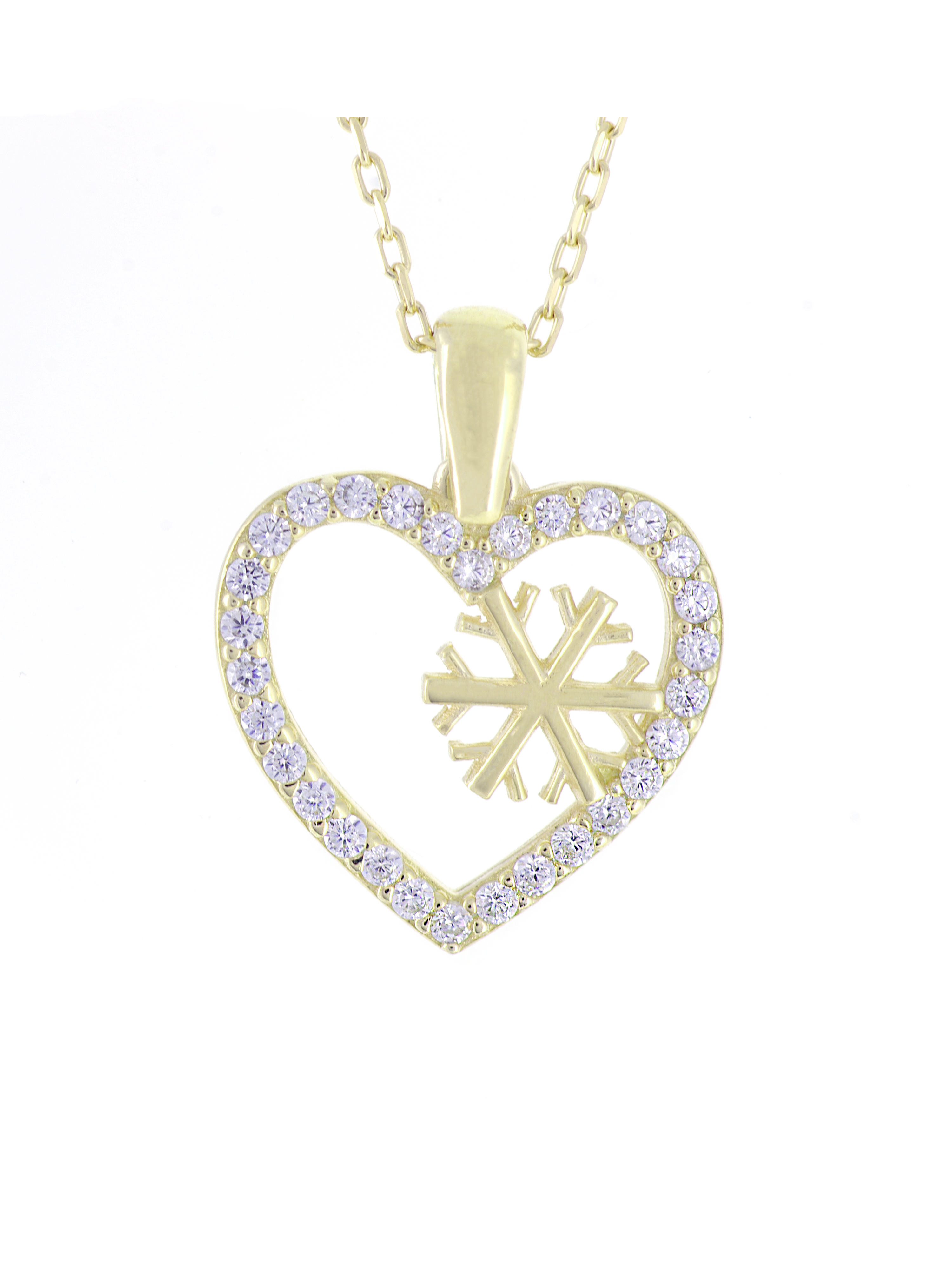 Gümüş Altın Yaldızlı Rose Renk 925 Ayar Gümüş Taşlı Kalp İçerisinde Kar Tanesi Kolye - www.xsilver.com.tr