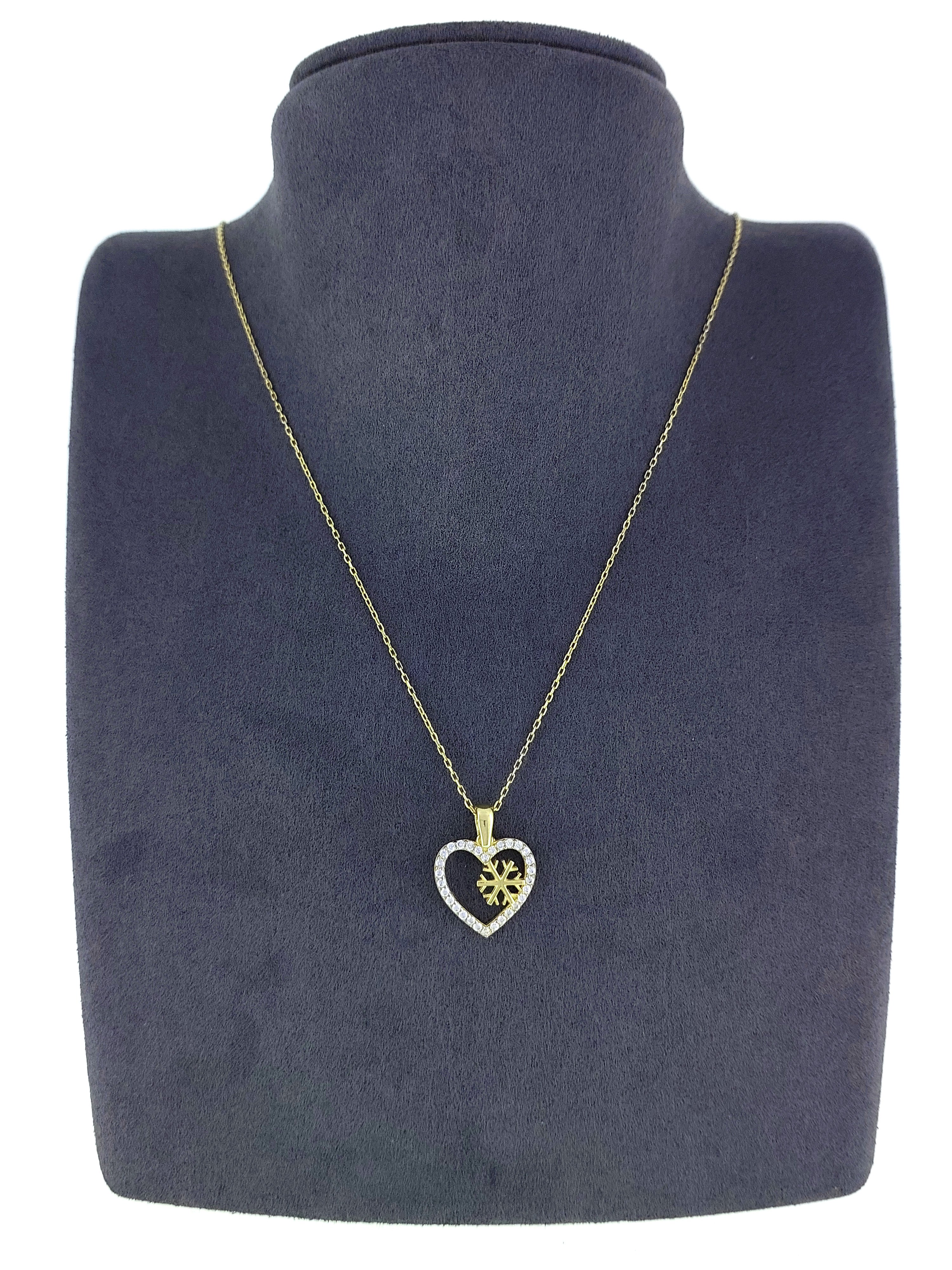 Gümüş Altın Yaldızlı Rose Renk 925 Ayar Gümüş Taşlı Kalp İçerisinde Kar Tanesi Kolye - www.xsilver.com.tr