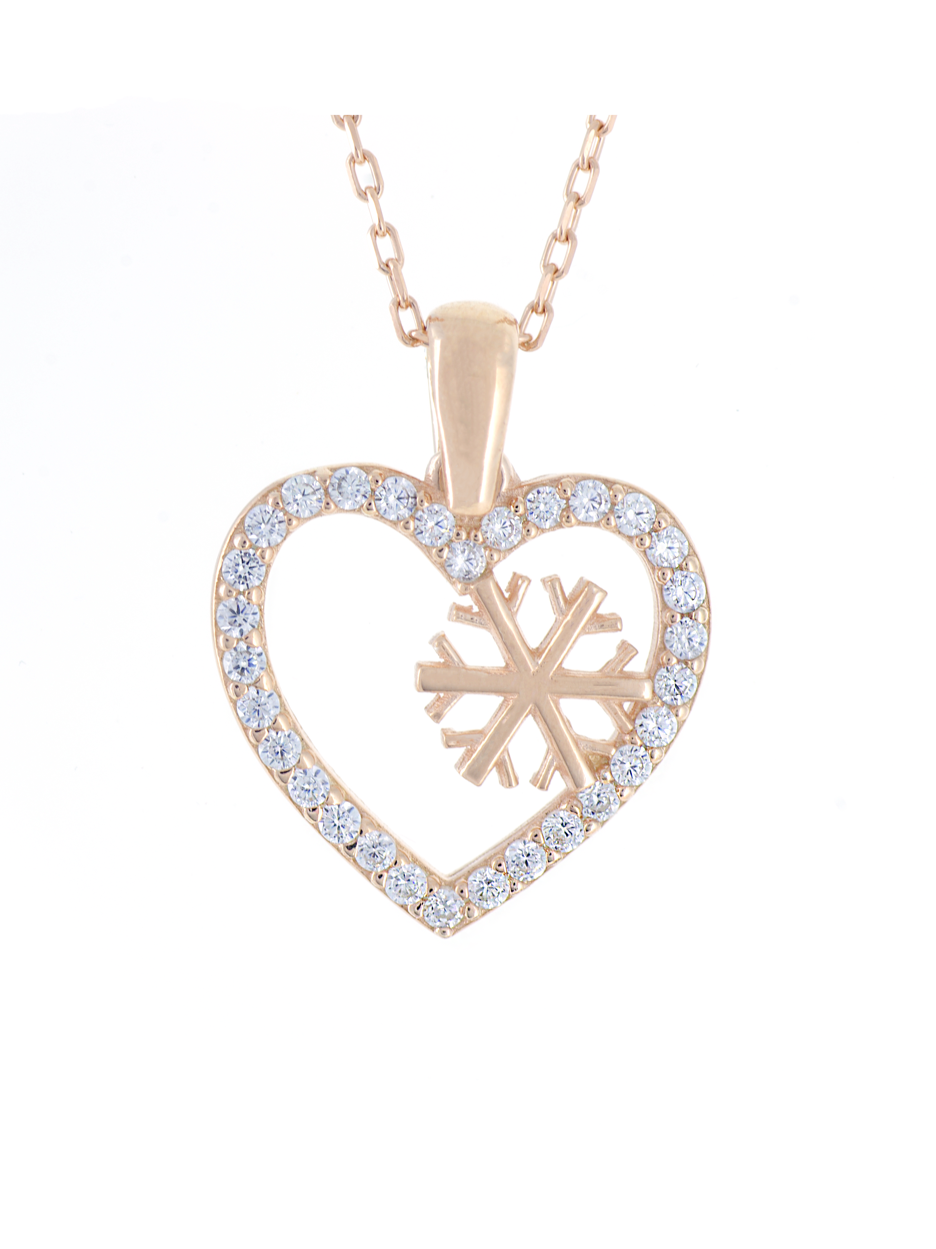 Gümüş Altın Yaldızlı Rose Renk 925 Ayar Gümüş Taşlı Kalp İçerisinde Kar Tanesi Kolye - www.xsilver.com.tr