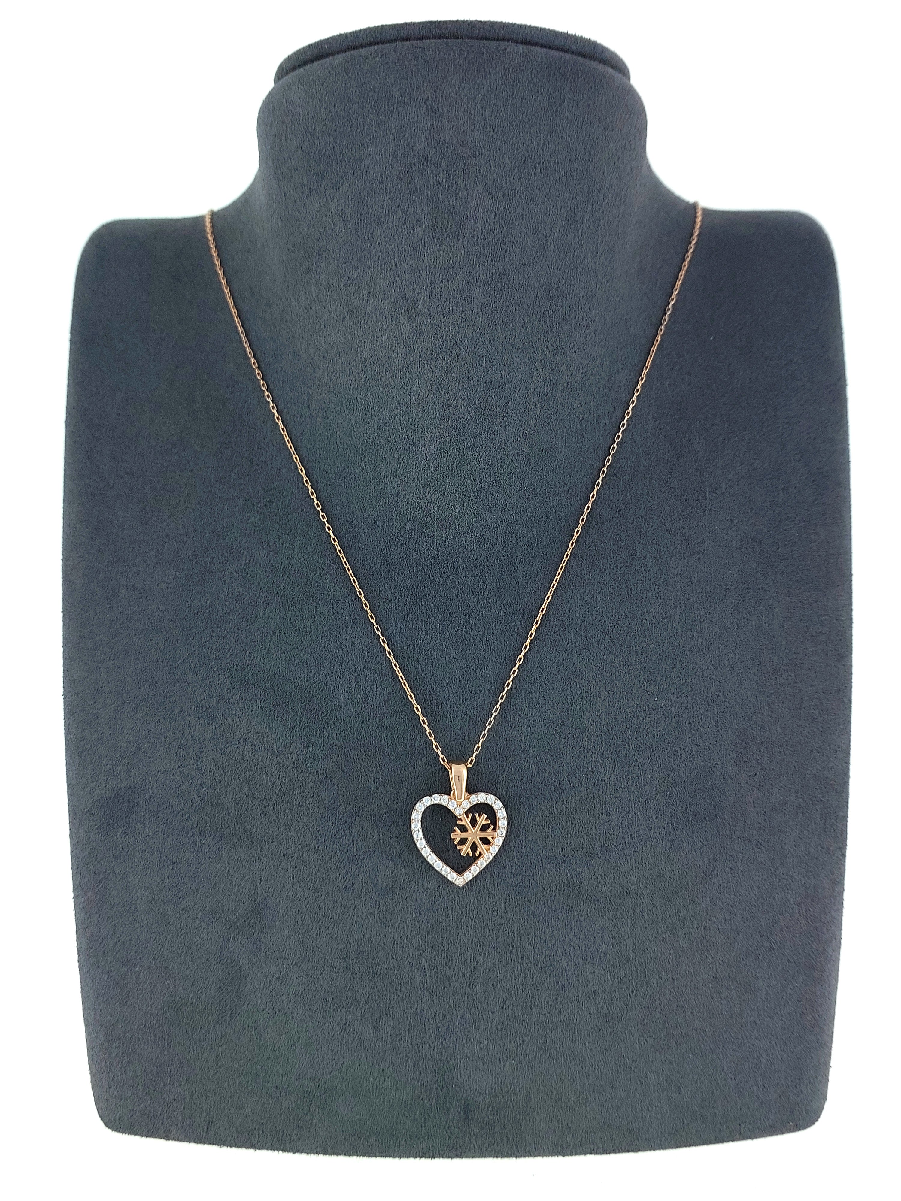 Gümüş Altın Yaldızlı Rose Renk 925 Ayar Gümüş Taşlı Kalp İçerisinde Kar Tanesi Kolye - www.xsilver.com.tr