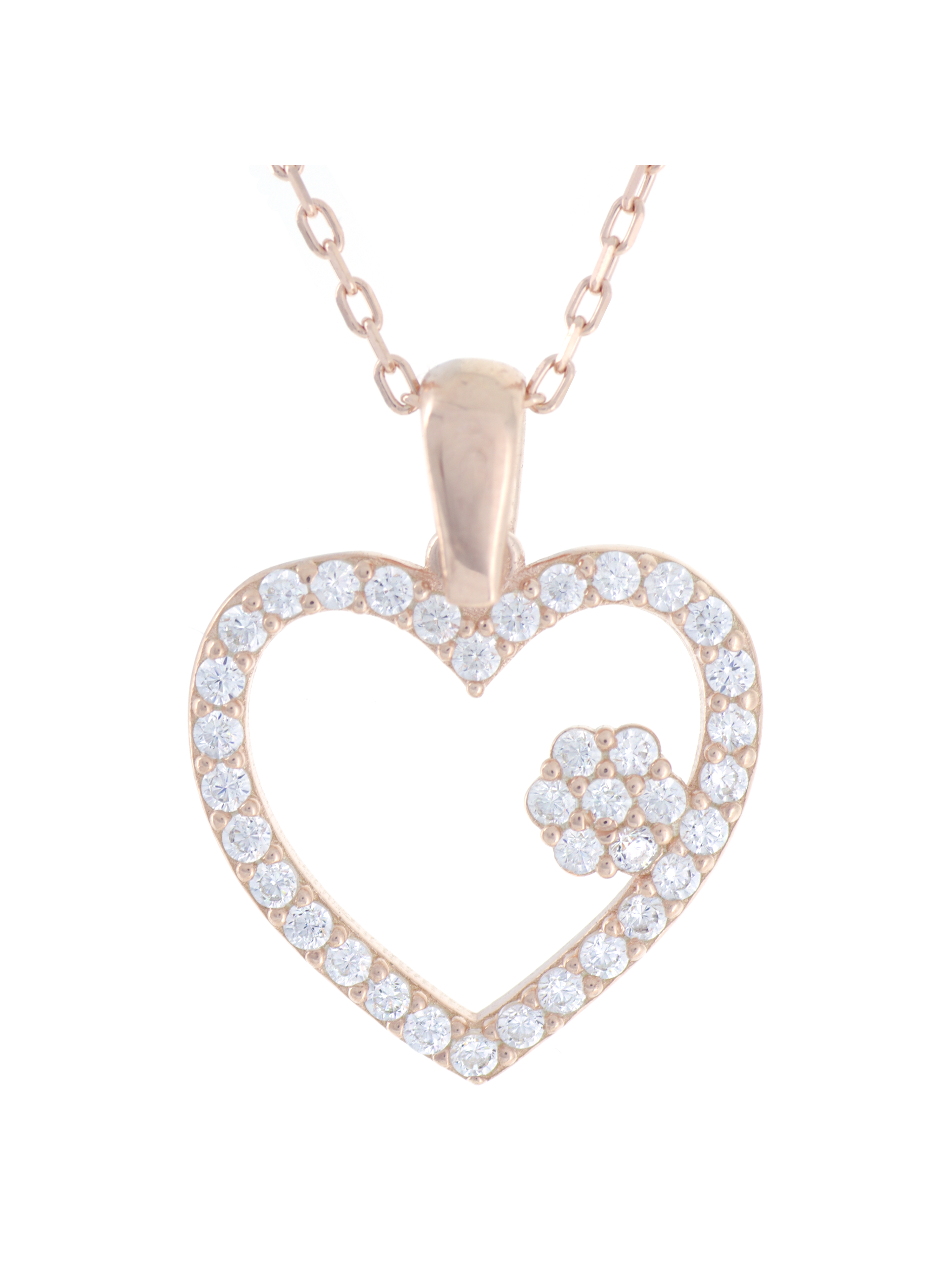 Gümüş Altın Yaldızlı Rose Renk 925 Ayar Gümüş Taşlı Kalpli Kolye - www.xsilver.com.tr