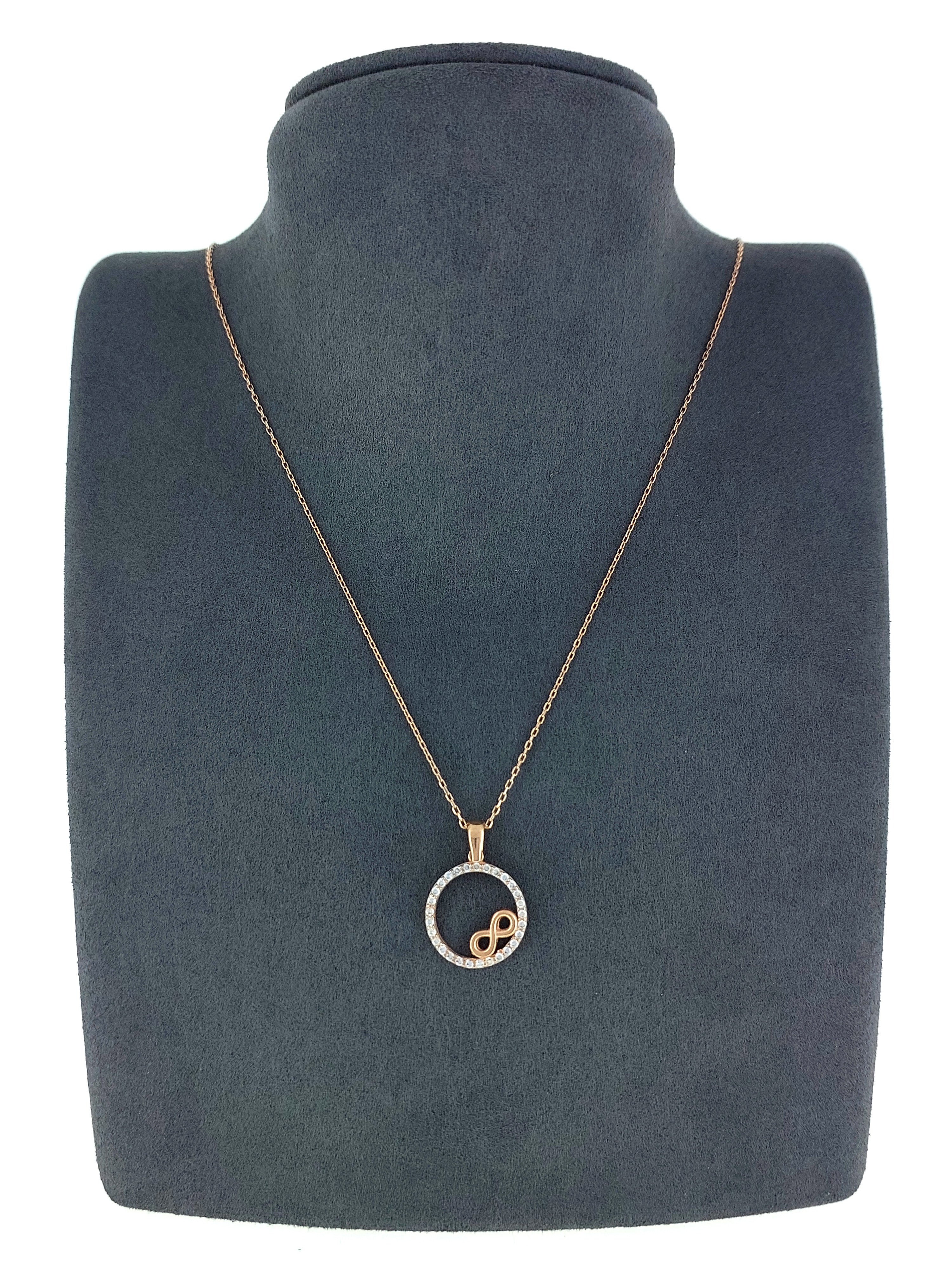 Gümüş Altın Yaldızlı Rose Renk 925 Ayar Gümüş Taşlı Daire İçerisinde Sonsuzluk Kolye - www.xsilver.com.tr