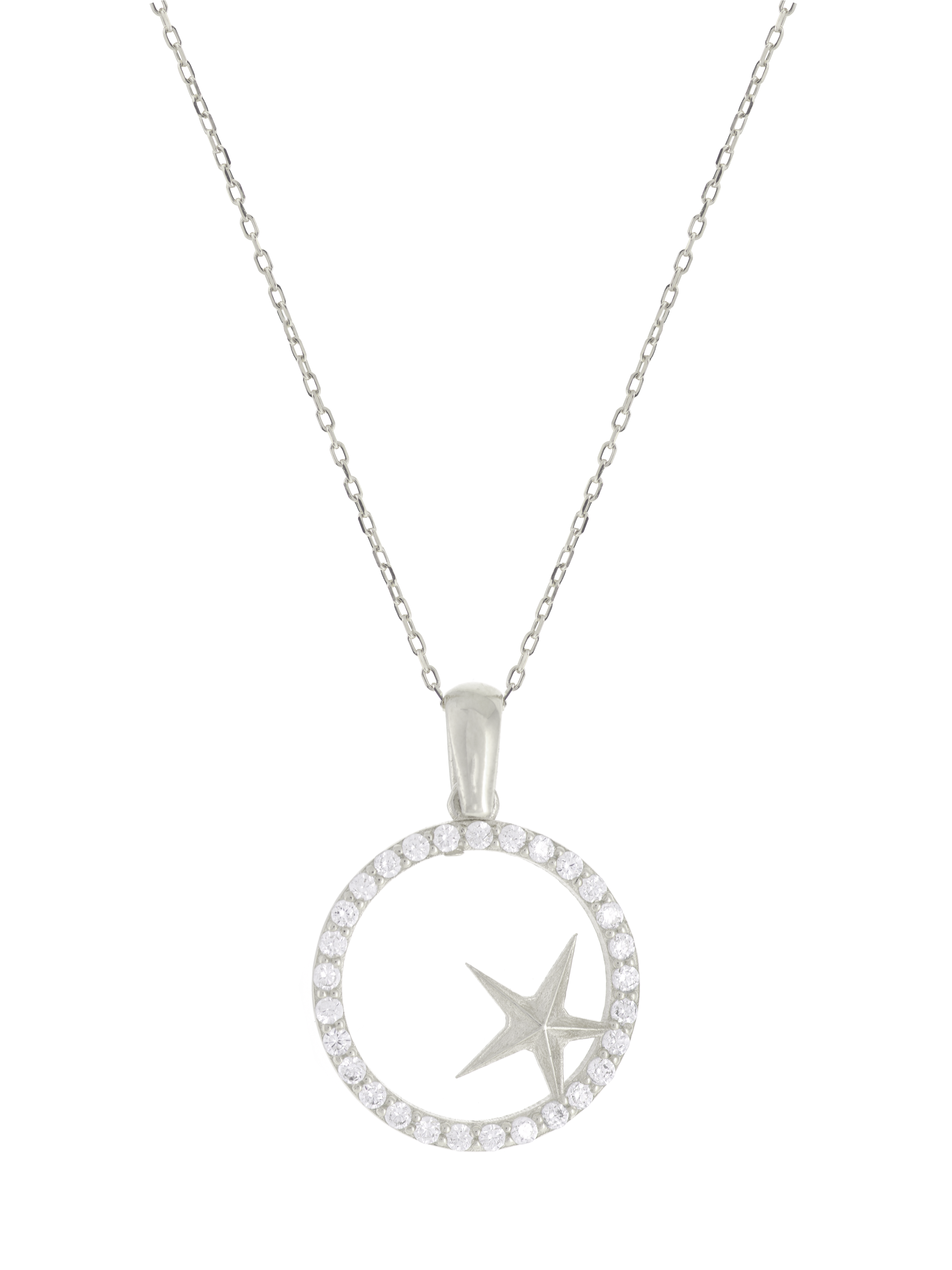 Gümüş Altın Yaldızlı Rose Renk 925 Ayar Gümüş Taşlı Daire İçerisinde Yıldız Kolye - www.xsilver.com.tr