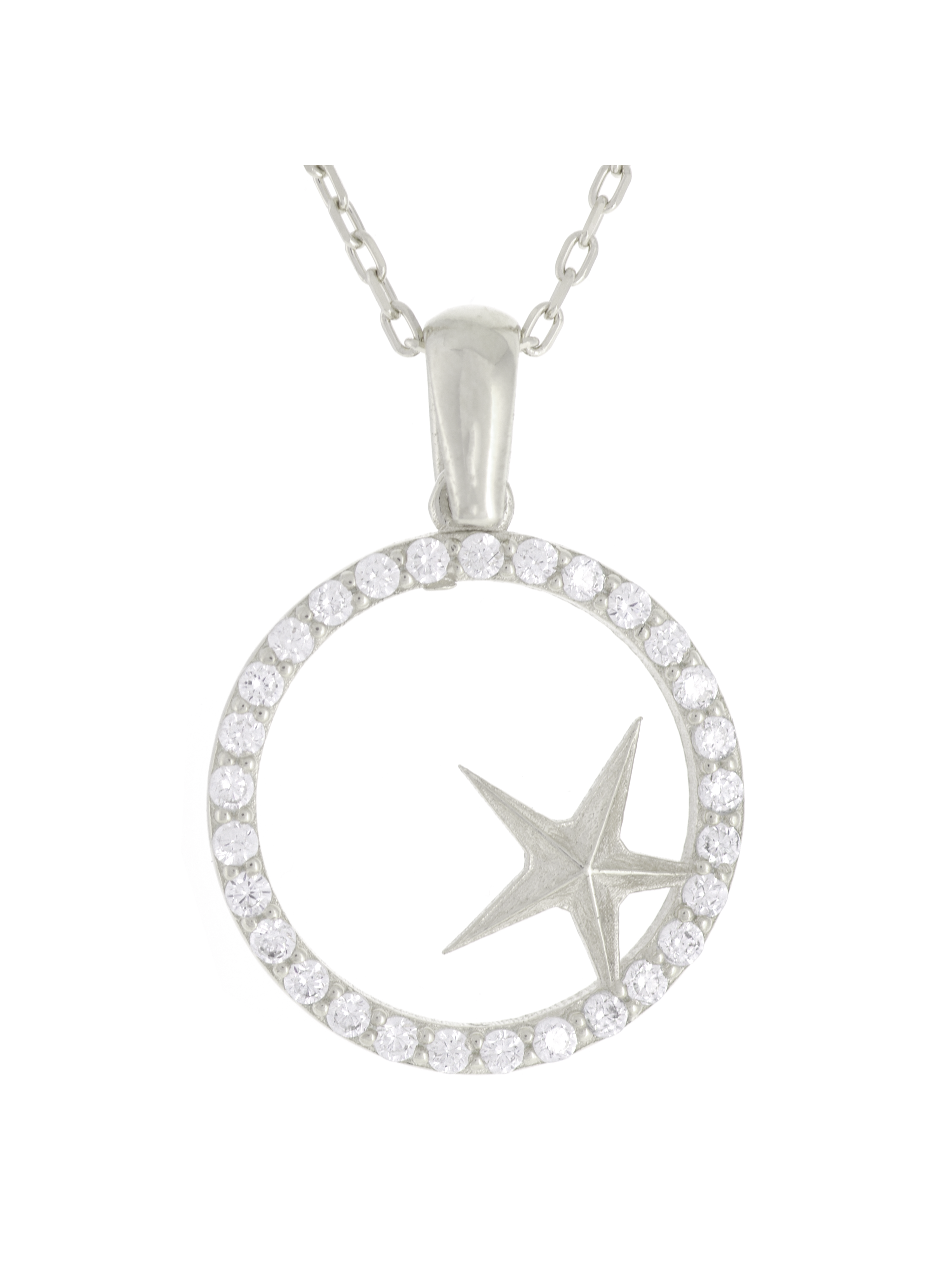 Gümüş Altın Yaldızlı Rose Renk 925 Ayar Gümüş Taşlı Daire İçerisinde Yıldız Kolye - www.xsilver.com.tr