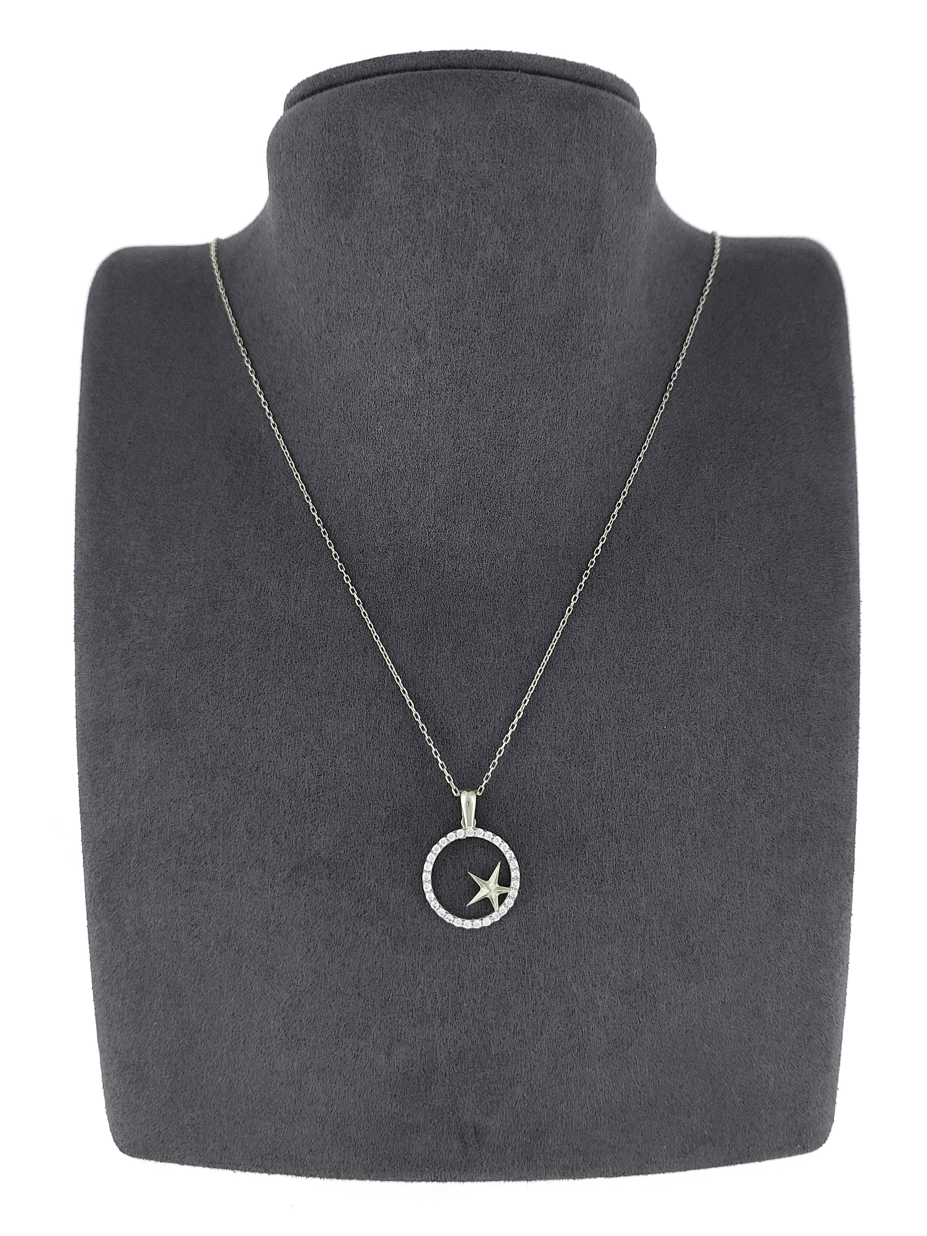 Gümüş Altın Yaldızlı Rose Renk 925 Ayar Gümüş Taşlı Daire İçerisinde Yıldız Kolye - www.xsilver.com.tr