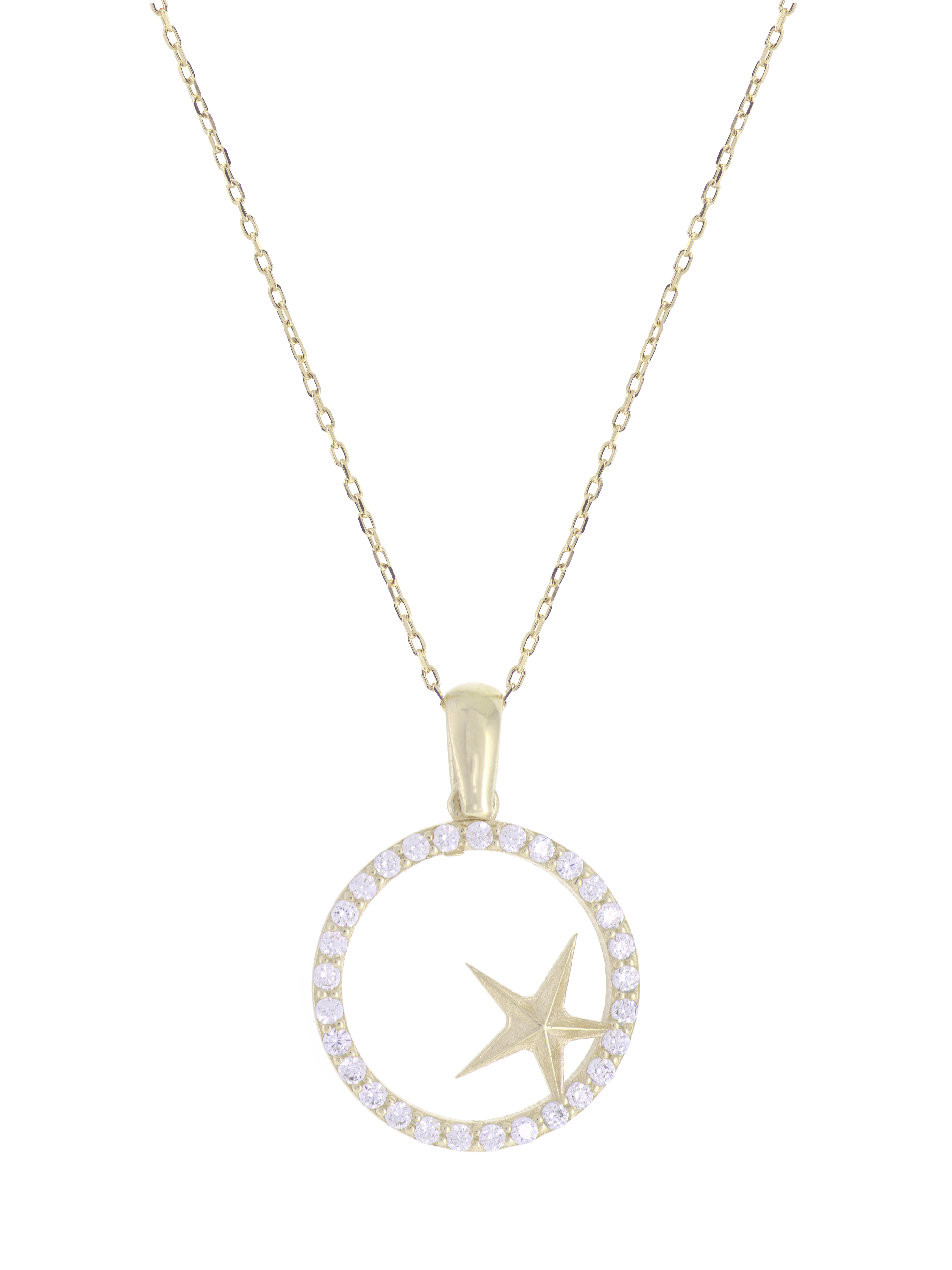 Gümüş Altın Yaldızlı Rose Renk 925 Ayar Gümüş Taşlı Daire İçerisinde Yıldız Kolye - www.xsilver.com.tr