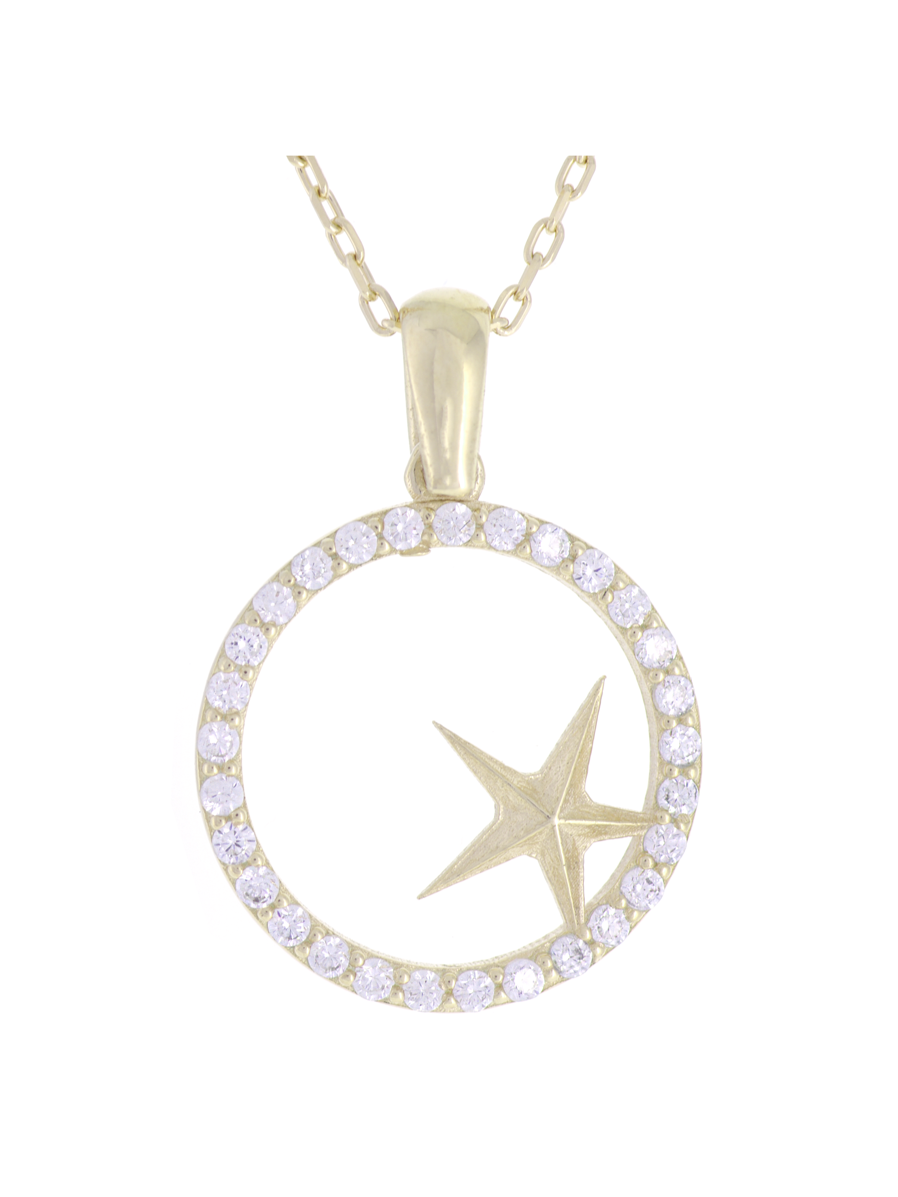 Gümüş Altın Yaldızlı Rose Renk 925 Ayar Gümüş Taşlı Daire İçerisinde Yıldız Kolye - www.xsilver.com.tr