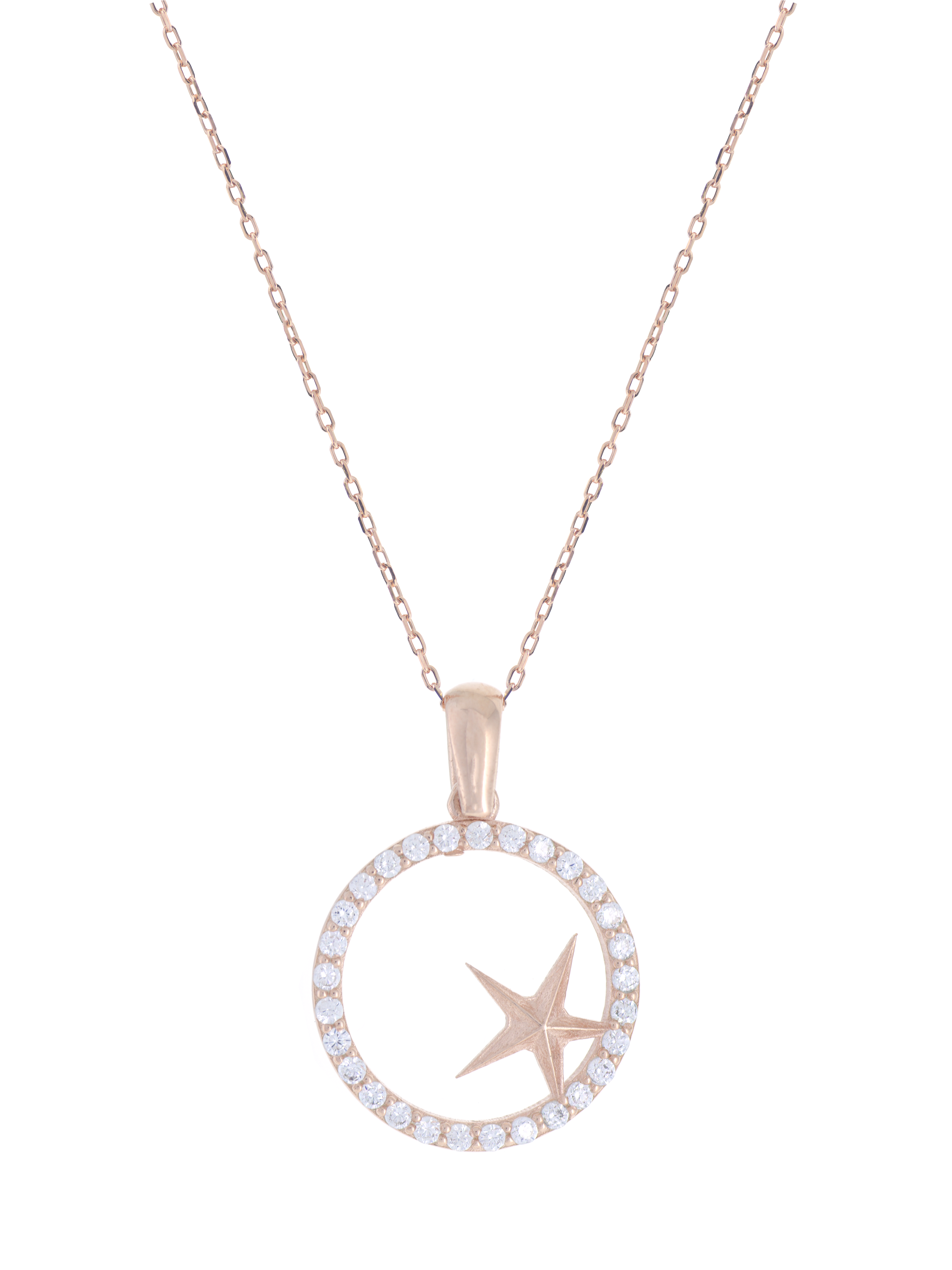 Gümüş Altın Yaldızlı Rose Renk 925 Ayar Gümüş Taşlı Daire İçerisinde Yıldız Kolye - www.xsilver.com.tr