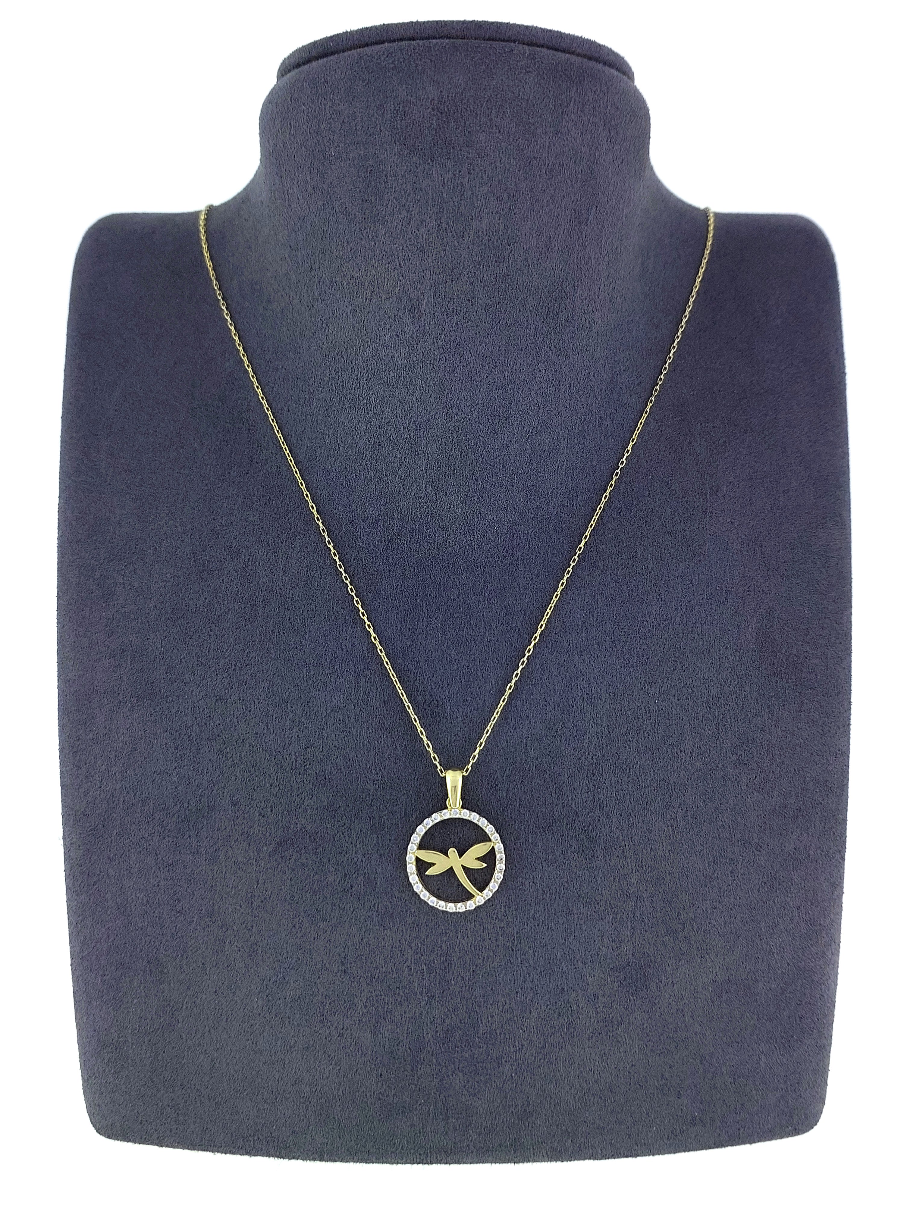 Gümüş Altın Yaldızlı Rose Renk 925 Ayar Gümüş Taşlı Daire İçerisinde Yusufçuk Kolye - www.xsilver.com.tr